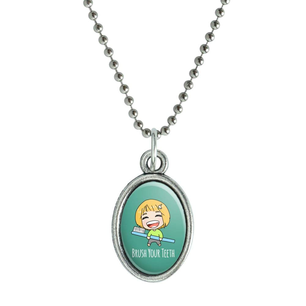 Kawaii Chibi Toothbrush Charm Pendant Necklace - Cute Vintage Oval Jewelry with Chain for Tooth Fairy Gifts & Dental Hygiene Awareness