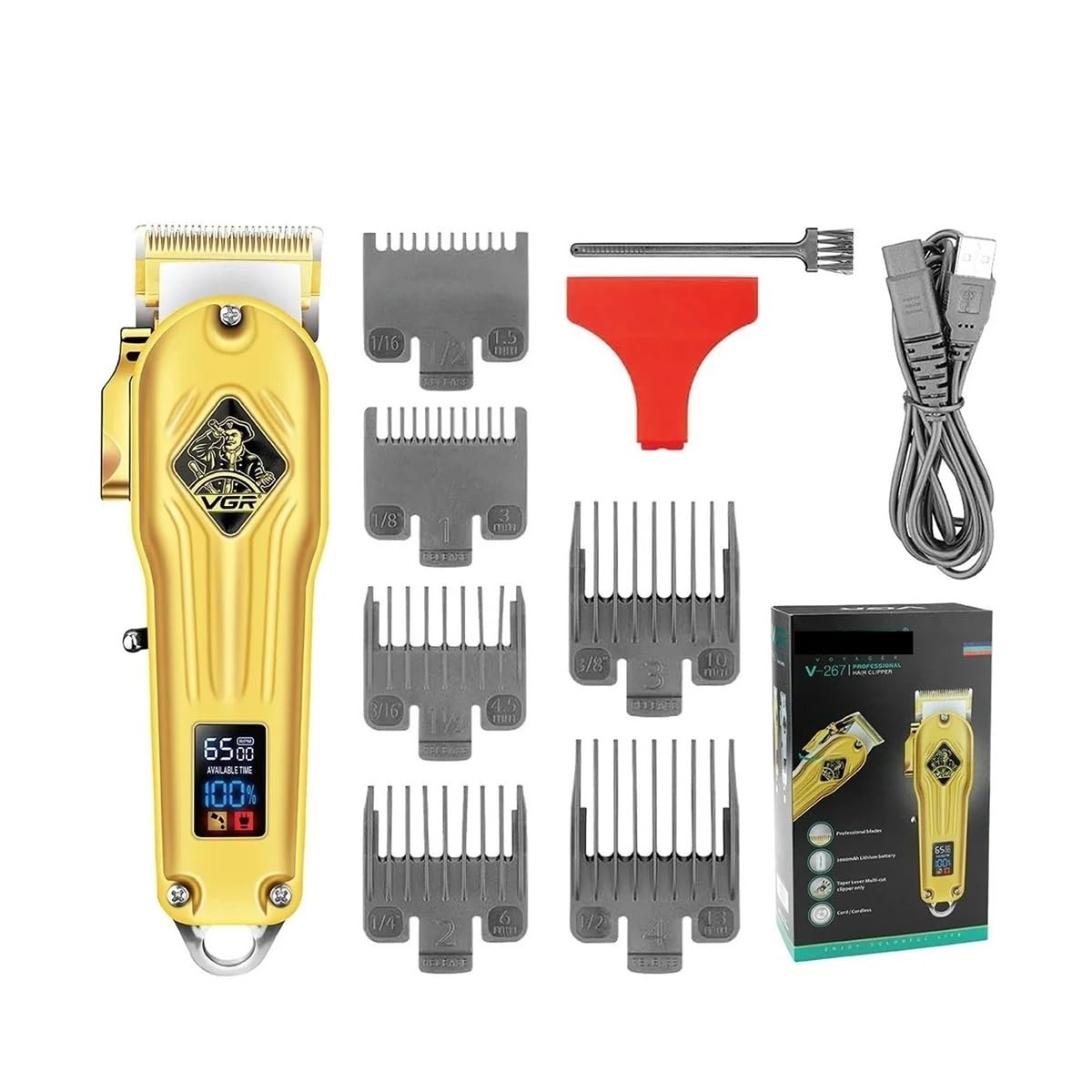 Professional Cordless Hair Clipper V-267 - Gold Barber Trimmer with Digital Display for Men | Precision Haircutting, Beard & Mustache Grooming | Home & Salon Use