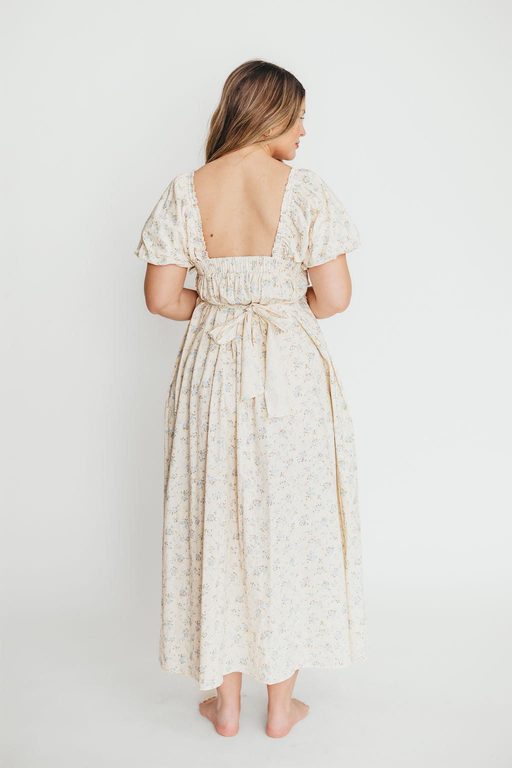 Finley 100% Cotton Peplum Midi Dress - Ivory & Blue - Bump & Nursing Friendly Maternity Dress for Pregnancy & Breastfeeding | Perfect for Casual Outings, Baby Showers & Nursing Dates
