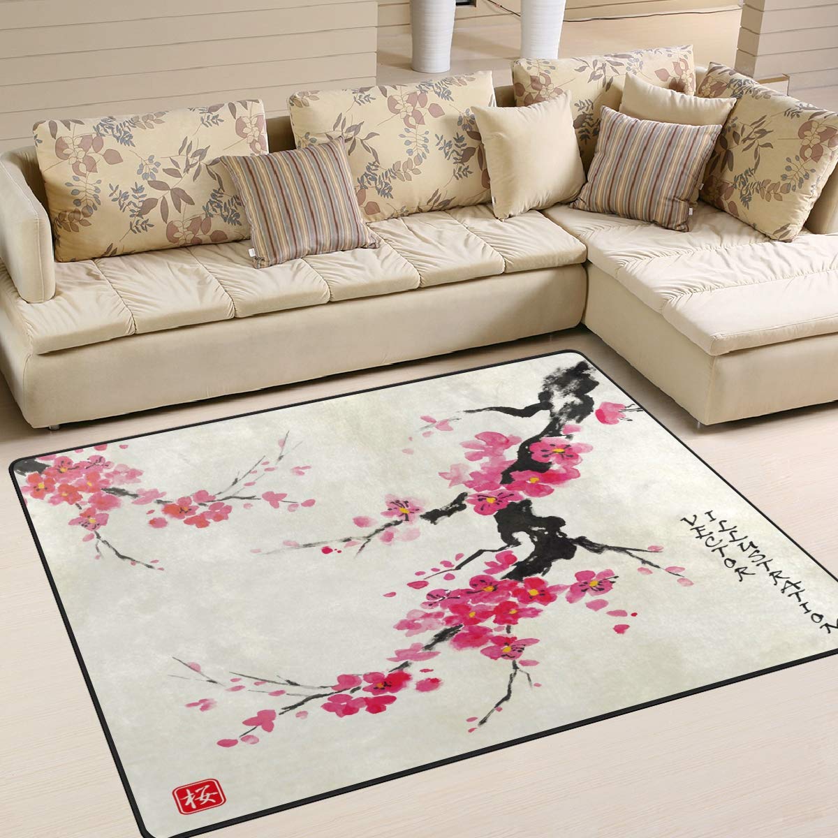 ALAZA Traditional Japanese Watercolor Cherry Blossom Area Rug - 7' x 5' Oriental Floral Floor Mat for Living Room, Bedroom & Home Decor | Perfect for Boho, Zen & Asian Inspired Interiors