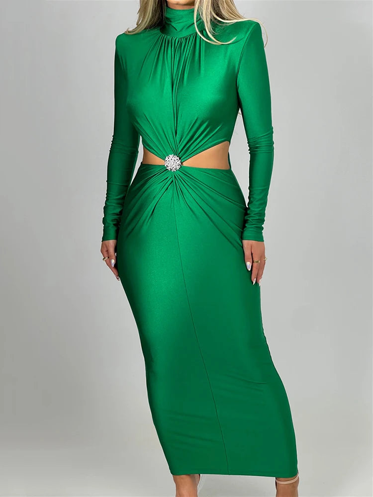 Elegant Hollow Out Sexy Maxi Dress for Women - Autumn Winter Turtleneck Long Sleeve Bodycon Dress for Club, Party & Evening Events | Perfect for Date Nights, Holiday Gatherings & Special Occasions