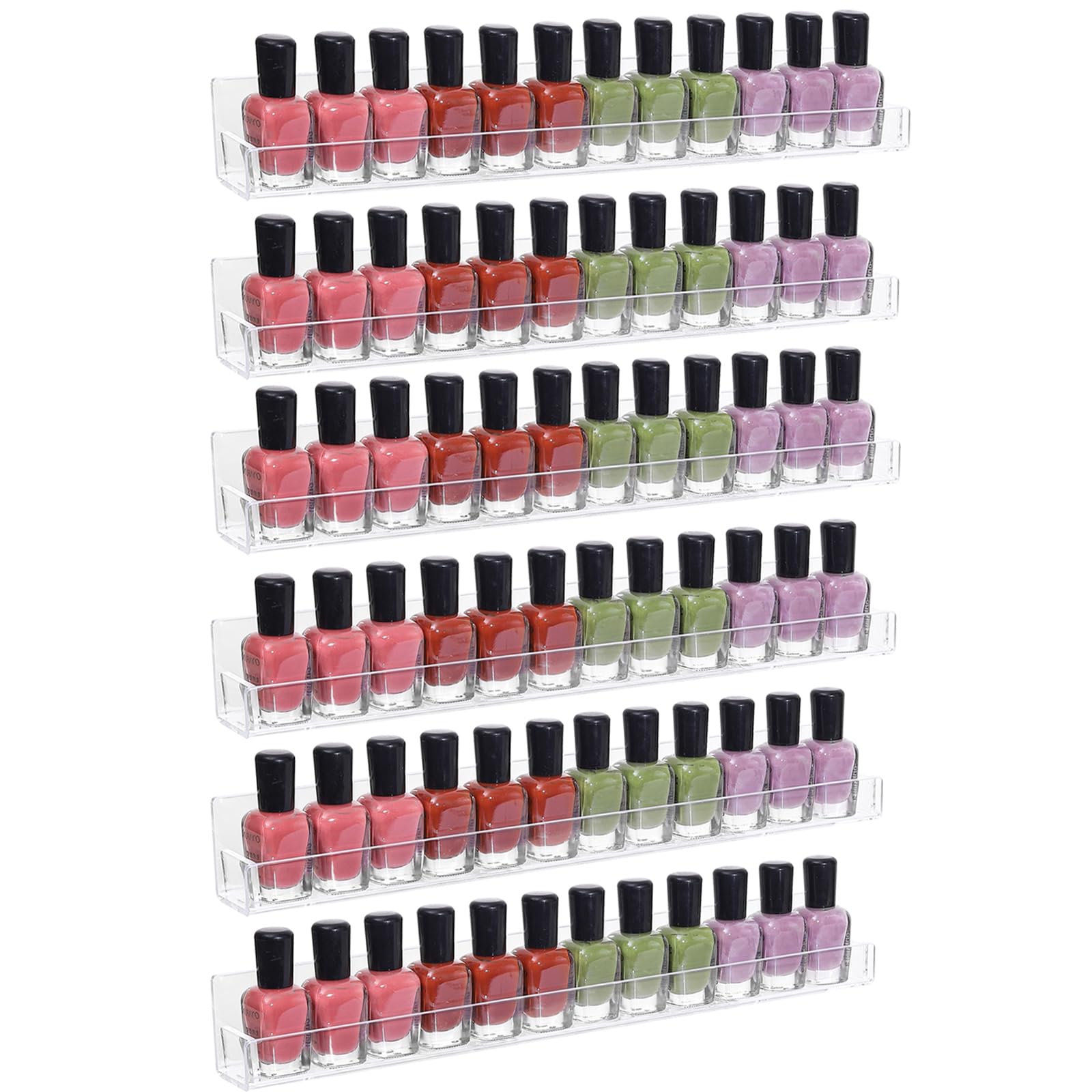6 Pack Clear Wall Mounted Nail Polish Rack - Holds 72 Bottles, 15 Inch Nail Polish Organizer & Storage Shelf for Nail Technicians - Perfect for Salon, Spa, Home & Professional Nail Art Display