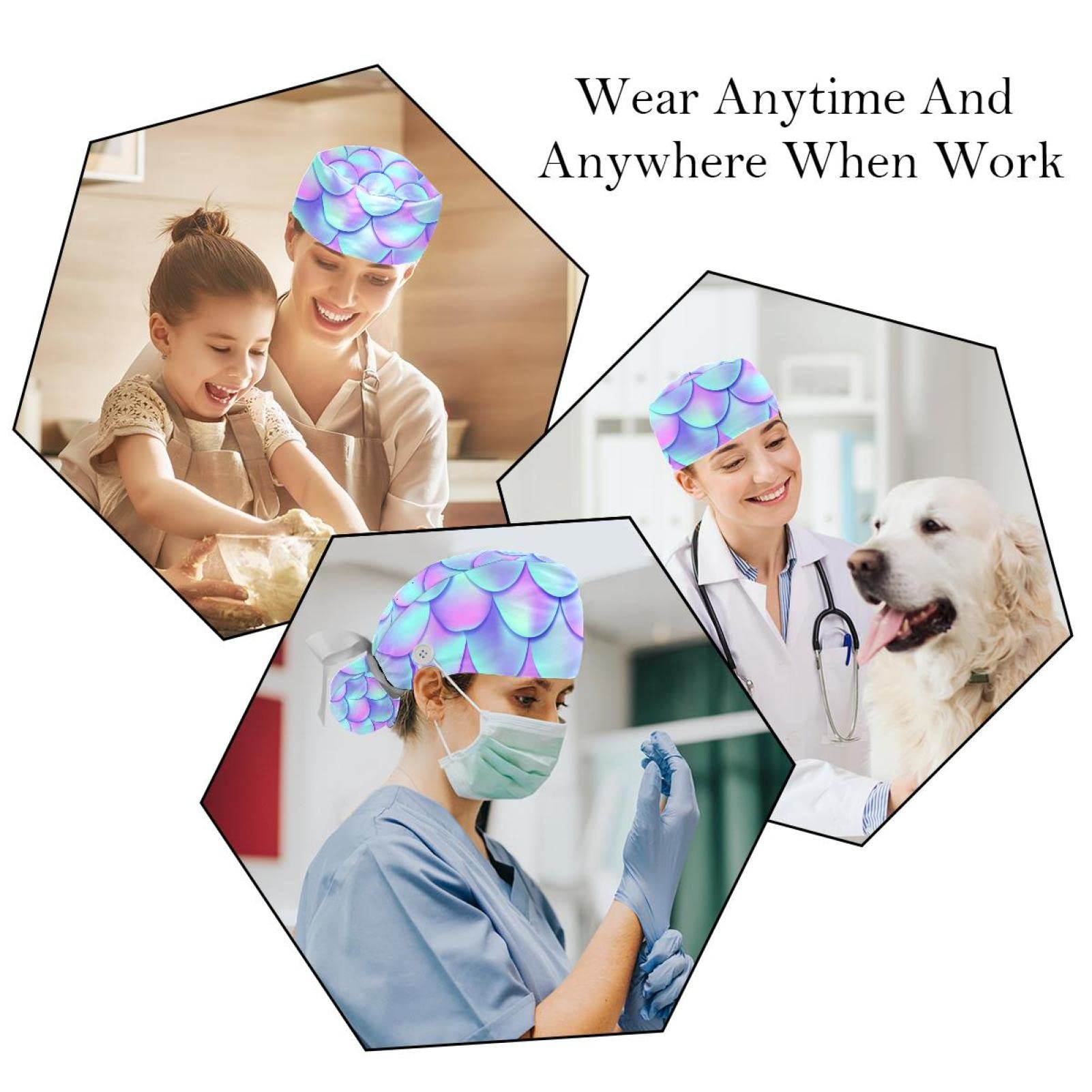 Fish Scales Mermaid Scrub Hats for Women & Men - 2 Pack Unisex Surgical Caps with Button & Sweatband for Long Hair | Comfortable Tie-Back Nurse Hats for Hospitals, Clinics & Medical Professionals