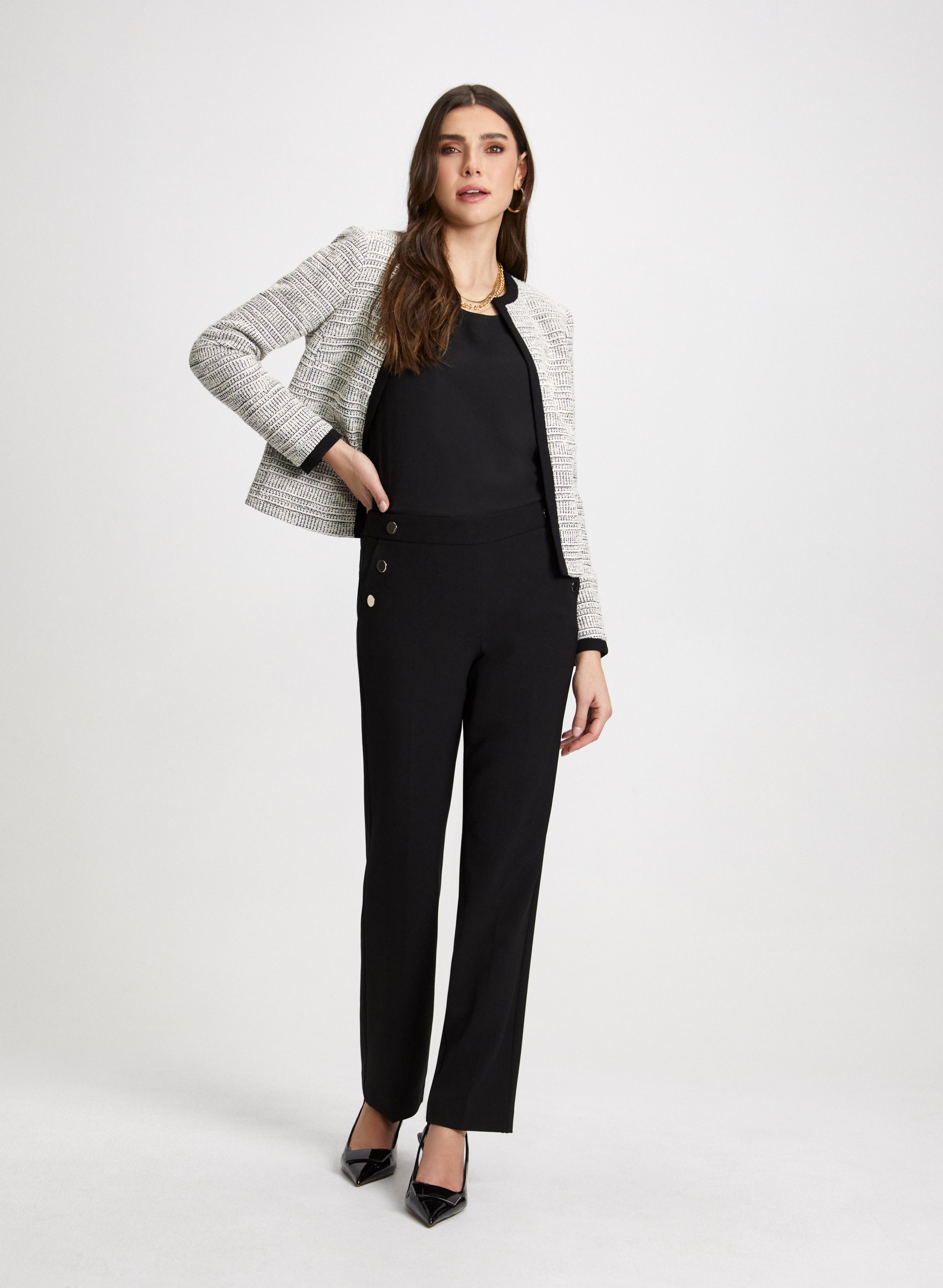 Stylish Bouclé Jacket & Straight Leg Pants Set - Trendy Women's Office Wear & Casual Outfit for Work, Date Night & Fall Fashion
