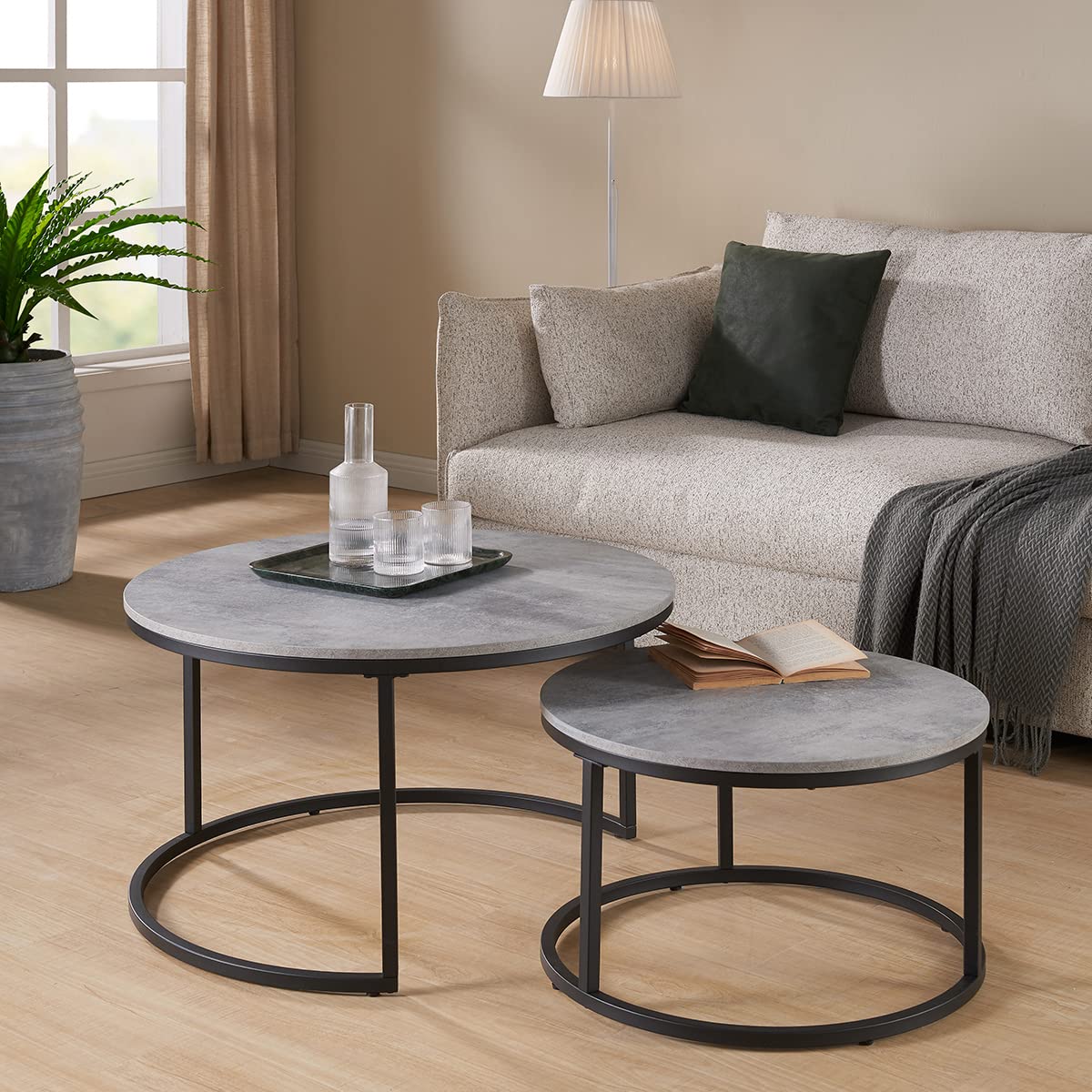Modern Round Nesting Coffee Table Set of 2 - Industrial Vintage Stacking Accent Tables 31.5