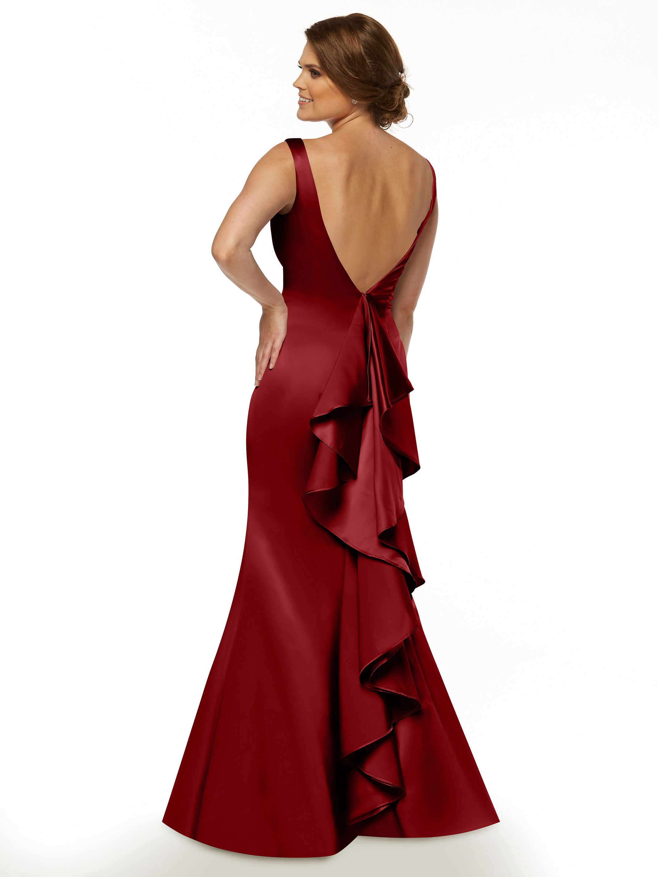 Elegant 80078 Fit and Flare Satin Bridesmaid Dress with V-Neckline & Ruffled Back - Perfect for Weddings, Proms, and Formal Events