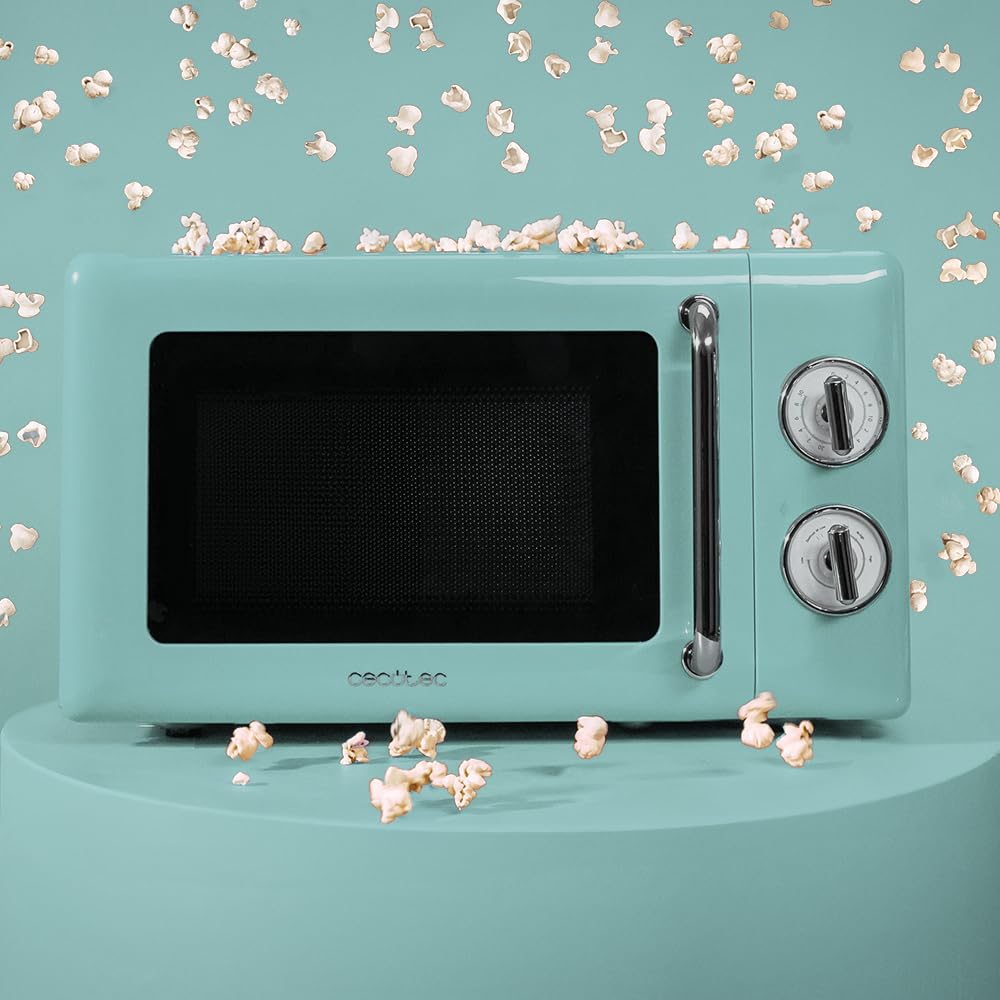 Cecotec 20L Mechanical Microwave Oven - 700W, 6 Power Levels, 30-Minute Timer, Defrost Function, Retro Blue Vintage Design with Steel Finishes - Perfect for Small Kitchens, Dorms & Office Break Rooms