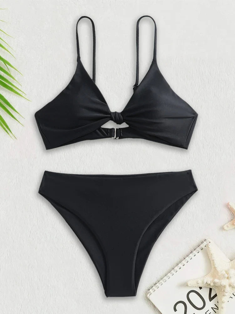 Women's High Waist Bikini Set - Solid Black Brazilian Two Piece Swimsuit with Lace Up Detail | Summer Beach Swimwear for Women | Perfect for Pool Parties, Vacations & Tropical Getaways
