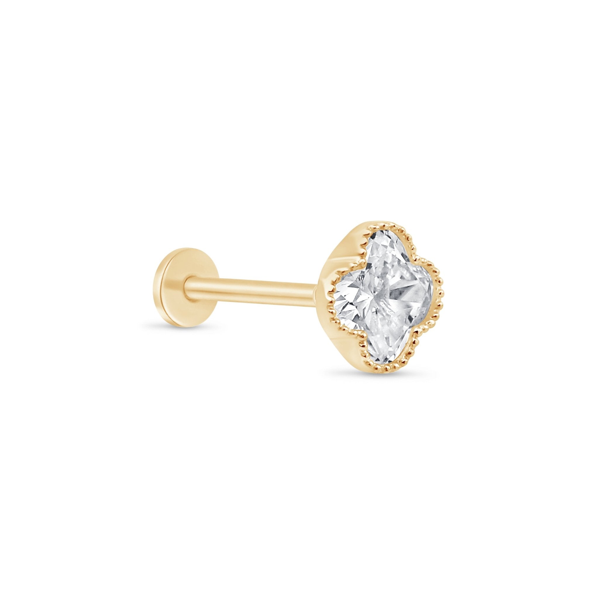 14K Solid Yellow Gold Gemstone Clover Flat Back Stud Earrings with Milgrain Detailing – Perfect for Everyday Wear, Gifts & Special Occasions