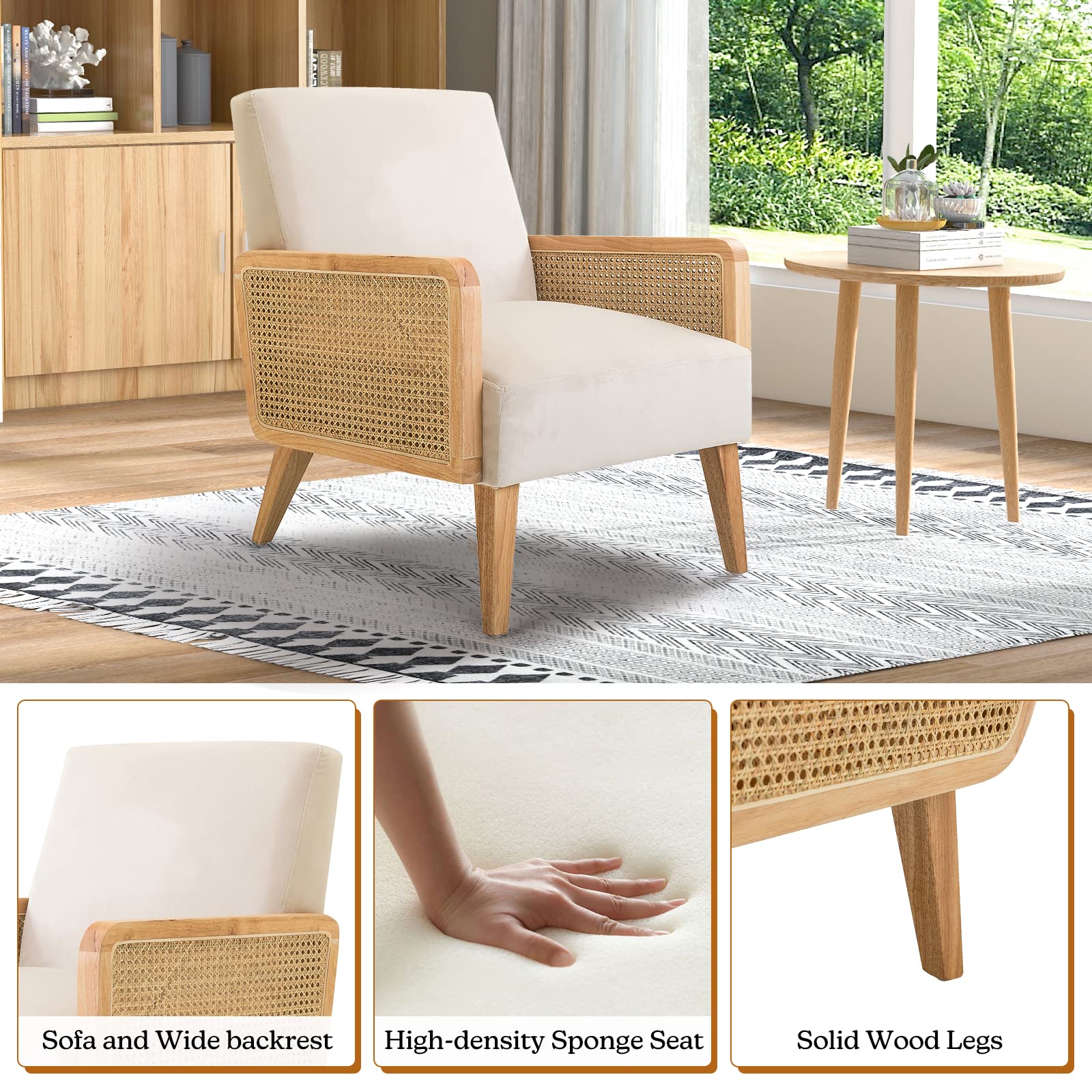 Mid Century Modern Accent Chair with Rattan Armrest & Wood Legs - Comfy Upholstered Lounge Armchair for Living Room, Bedroom, Reading Nook - Beige Home Decor | Perfect for Hosting Guests & Relaxing