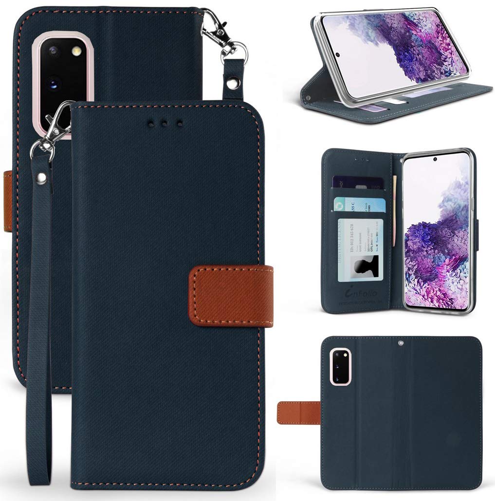 Galaxy S20 Wallet Case with Card Slot & Stand - Navy Blue/Brown for Work & Travel