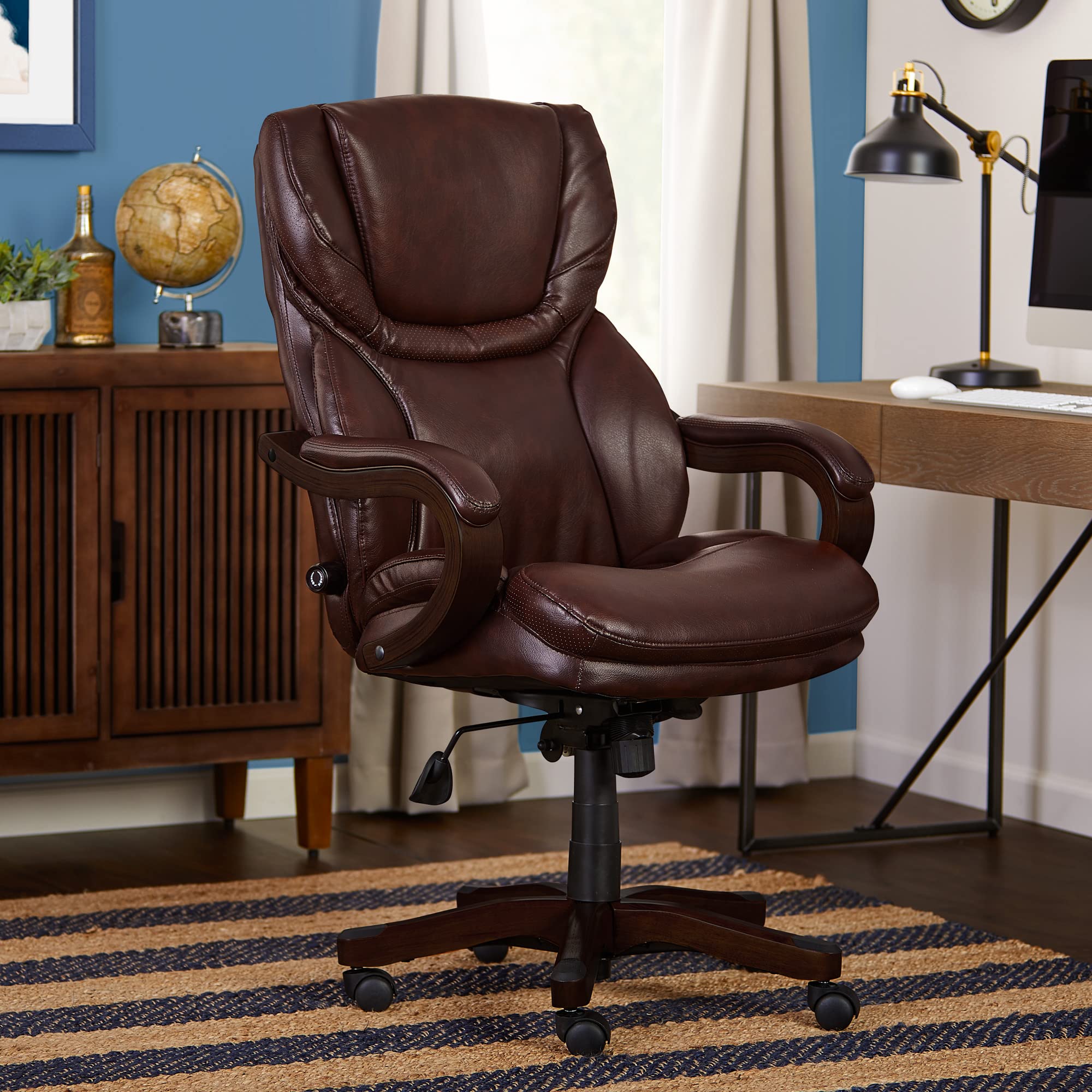 Serta® Conway Big & Tall Executive Office Chair - Ergonomic High-Back with Adjustable Lumbar Support, Plush Cushion & Body Pillows, Padded Armrests, Wooden Swivel Base - Bonded Leather Chestnut Brown - Perfect for Home Office, Gaming & Workspace Comfort