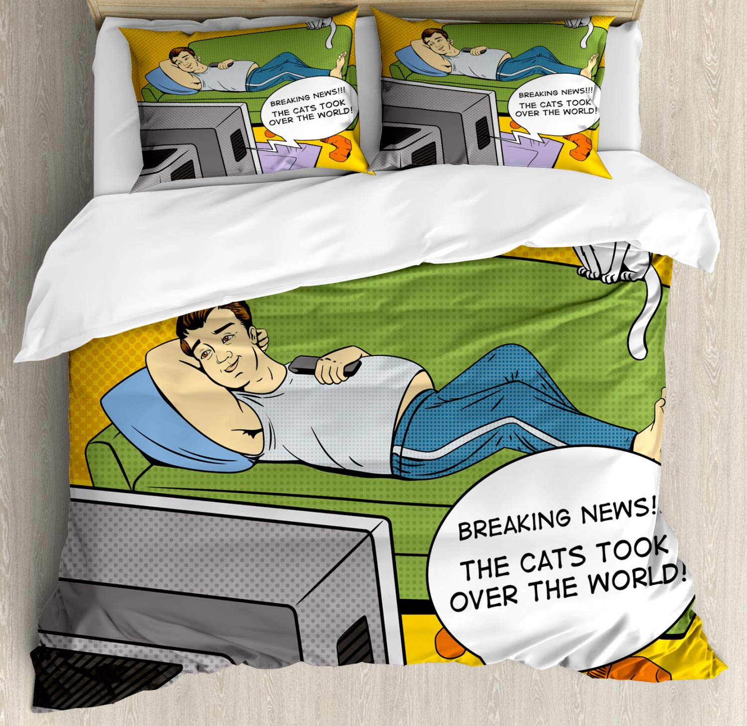Ambesonne Vintage Duvet Cover Set - California King 3-Piece Bedding with 2 Pillow Shams | Pop Art Comic Book Design Featuring Man Watching TV & Cats Taking Over World | Multicolor Decorative Bedroom Set for Modern Home & Gift Ideas