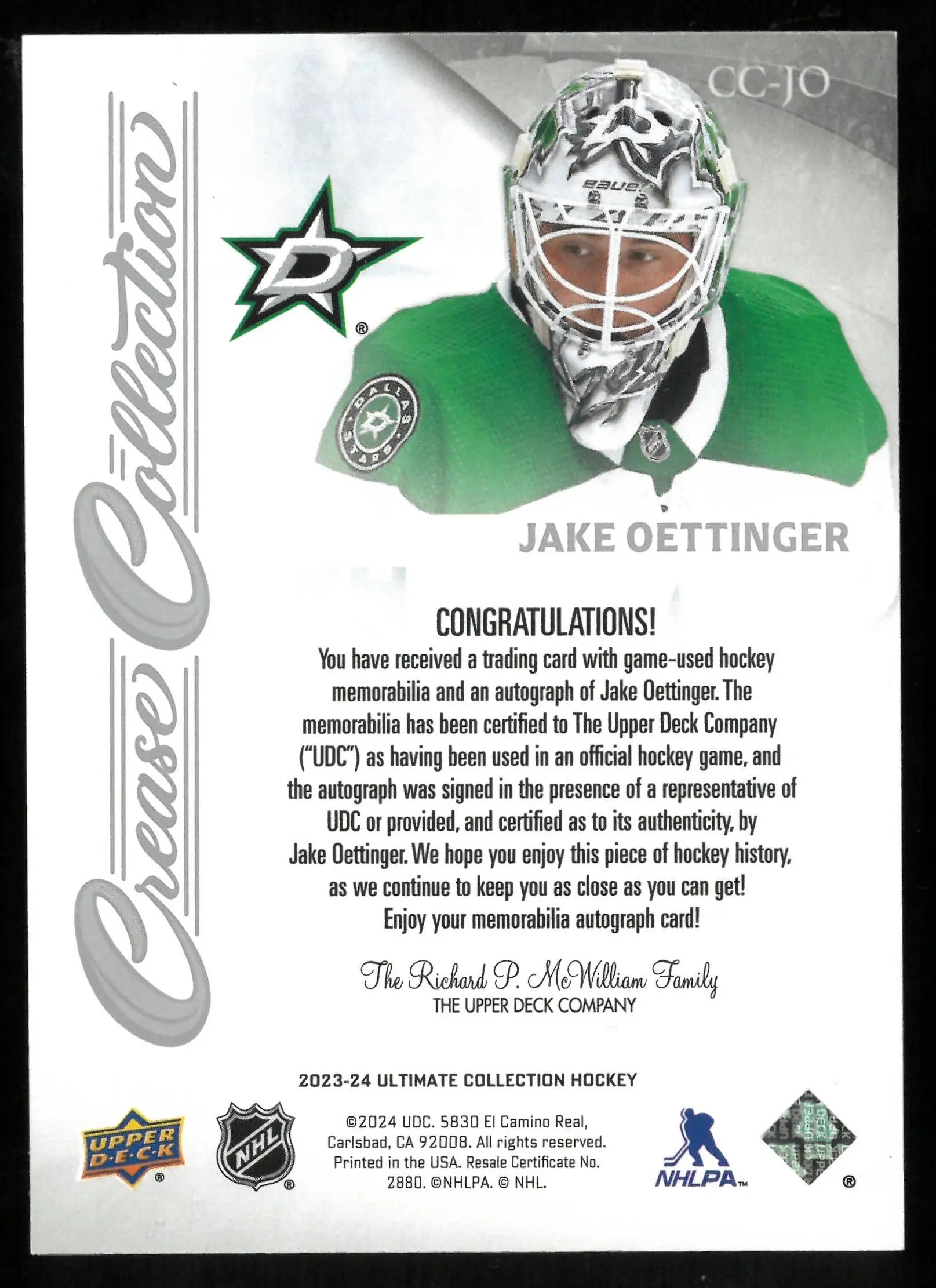 2023-24 Upper Deck Ultimate Collection Jake Oettinger Crease Collection Patch Autograph /49 - Rare Hockey Trading Card for Collectors & Sports Fans - Perfect for Display, Investment & Memorabilia Collections