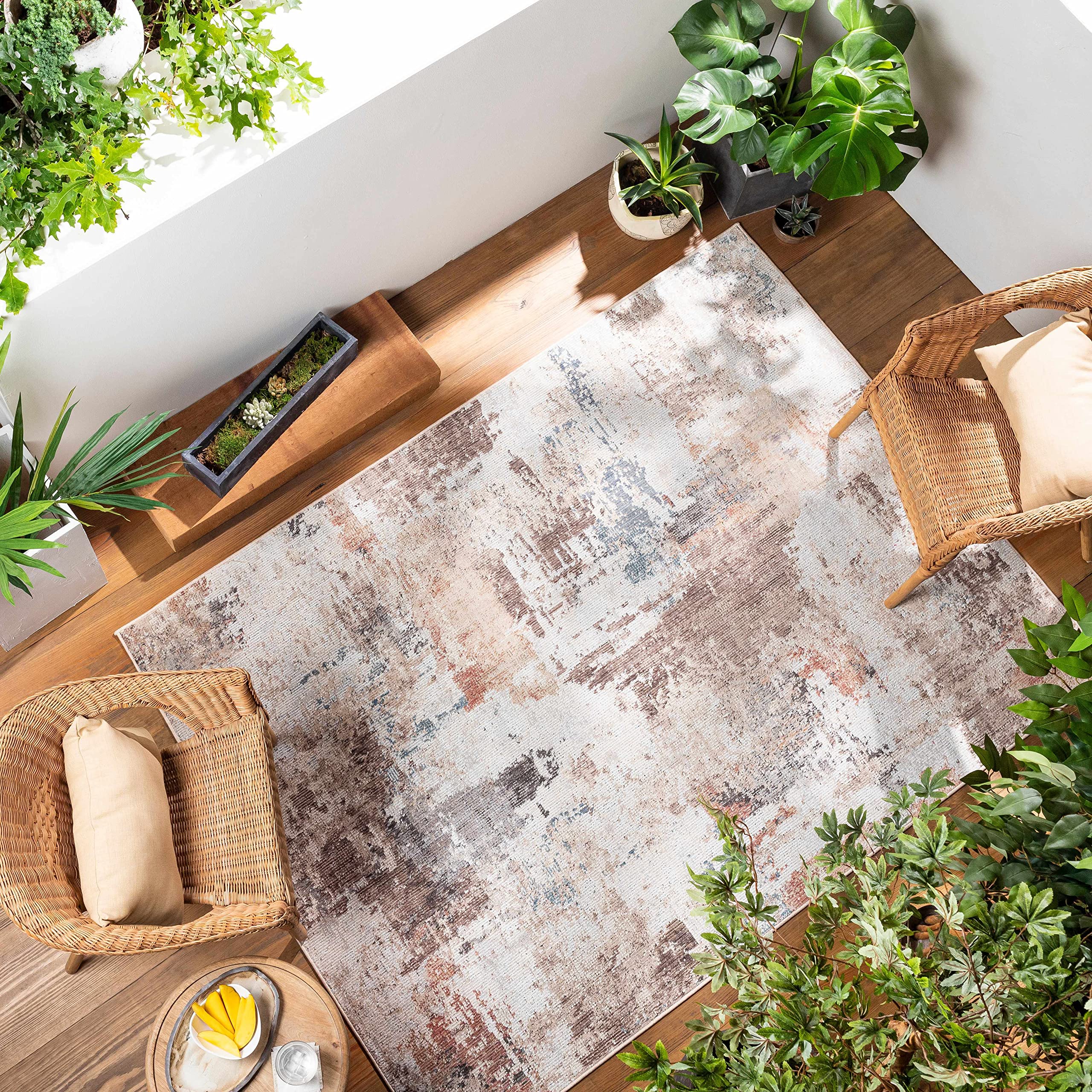Hauteloom Winkleigh Modern Area Rug for Living Room, Bedroom, Patio - Dark Red, Peach, Light Brown - 5'3
