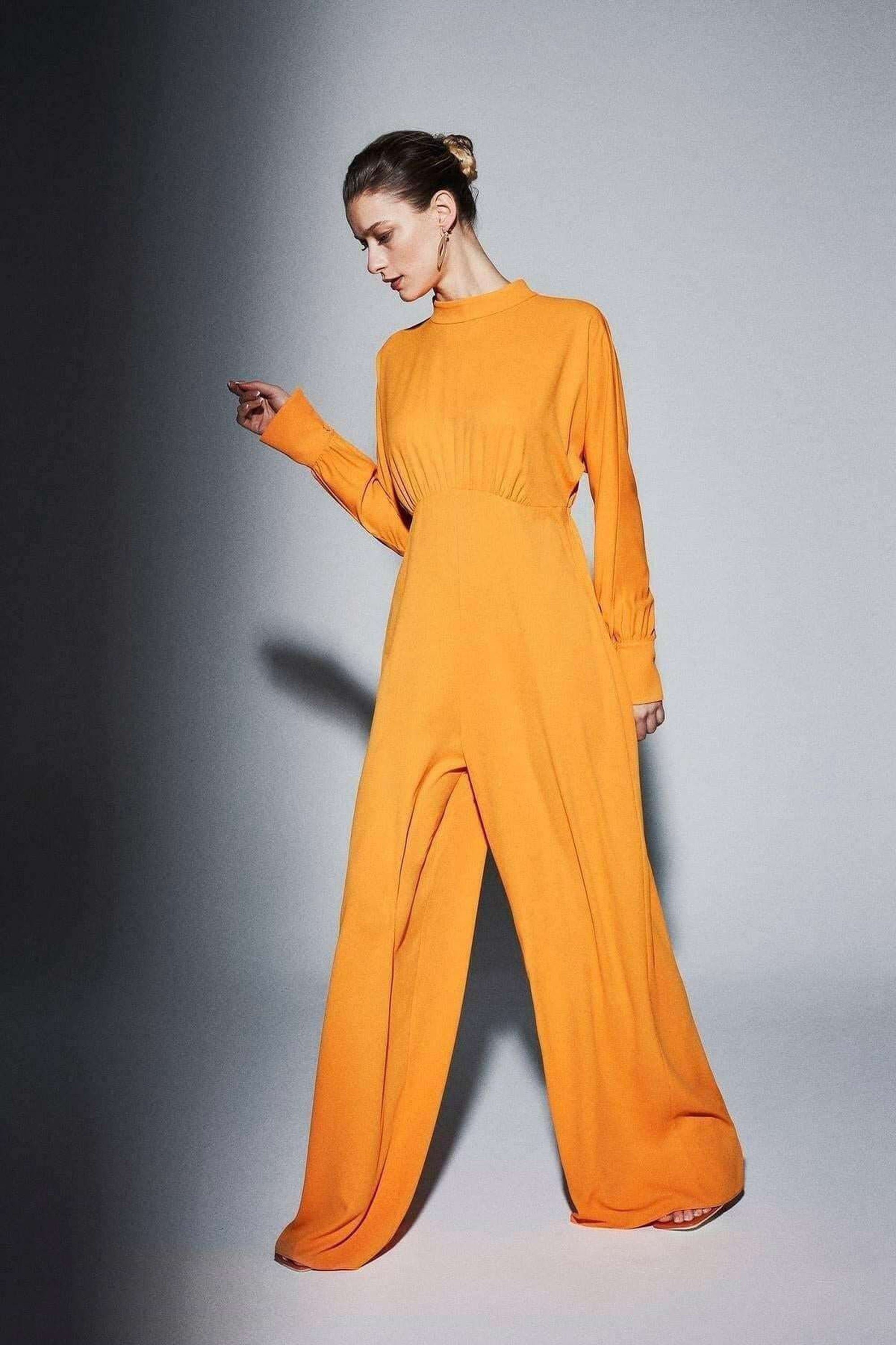 Elegant Draped Gathered High Waist Jumpsuit in Orange - Modest Women's Romper for Casual Wear, Parties & Special Occasions