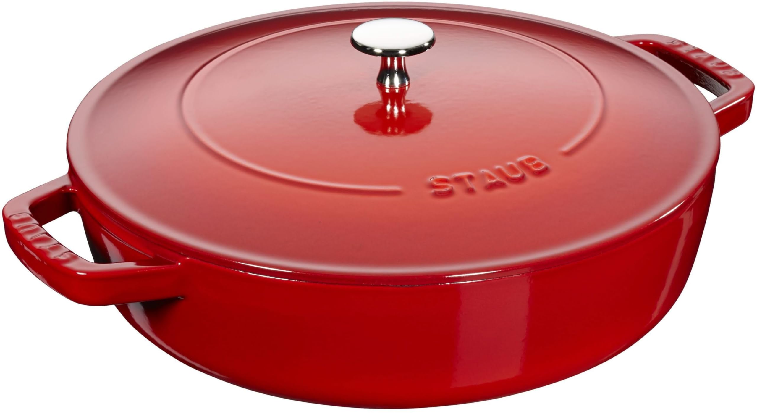 STAUB 3.7L Cherry Red Cast Iron Sauté Pan with Chistera Lid - 28cm Round French Oven for Braising, Roasting & Searing - Perfect for Stovetop to Oven Cooking & Professional Chefs