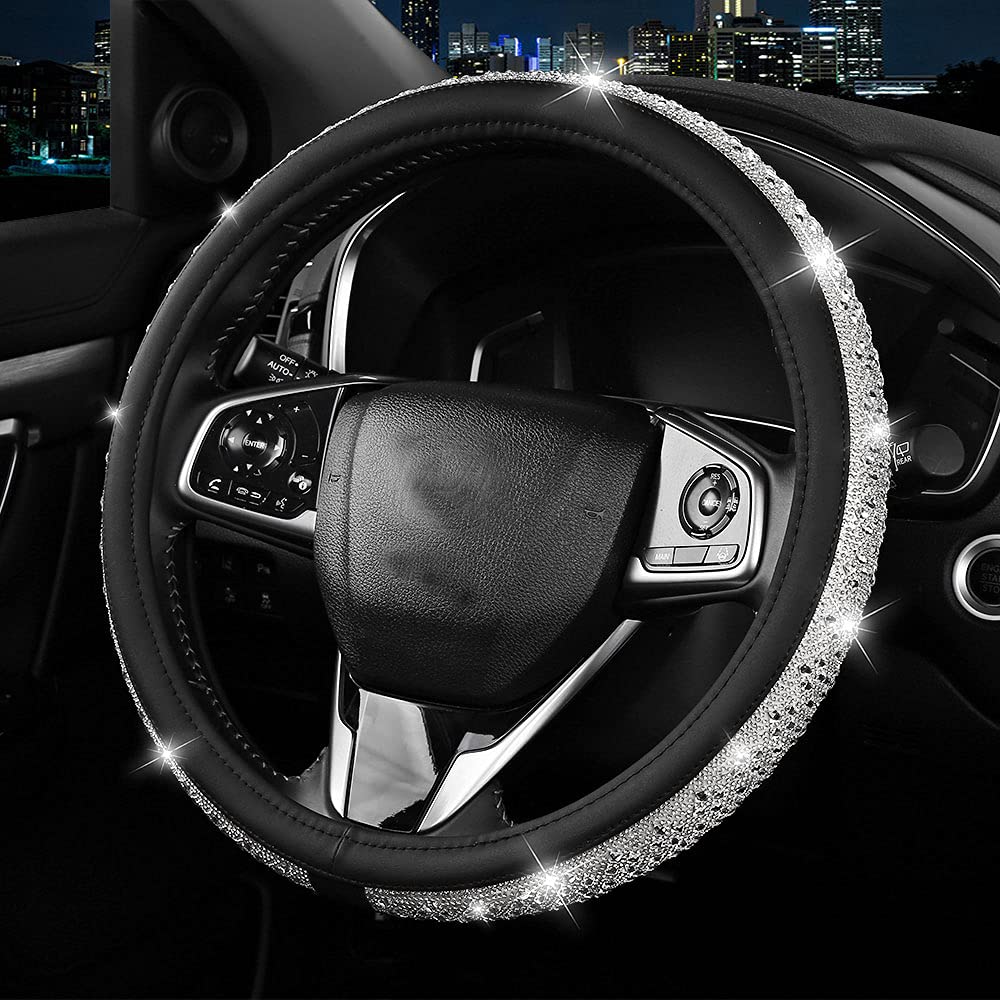 Sparkling Crystal Rhinestones Steering Wheel Cover - Bling Diamond Leather Car Accessories for Women & Girls | Universal 15 Inch Wheel Protector (White) | Luxury Car Interior Upgrade & Gift Idea for Her