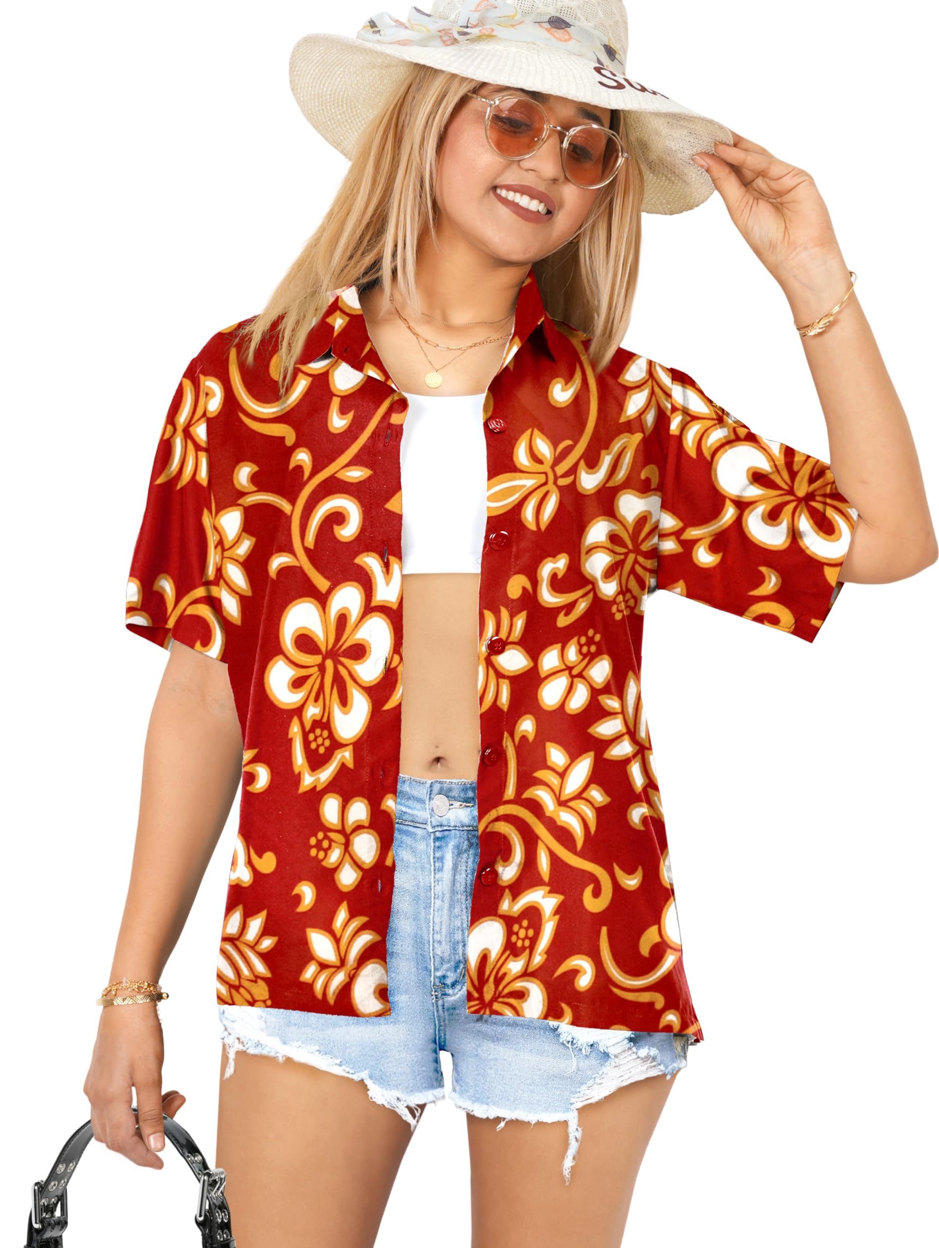 LA LEELA Women's Hawaiian Short Sleeve Beach Blouse Shirt - Tropical Floral Print Vacation Top for Summer, Pool Party & Island Getaway