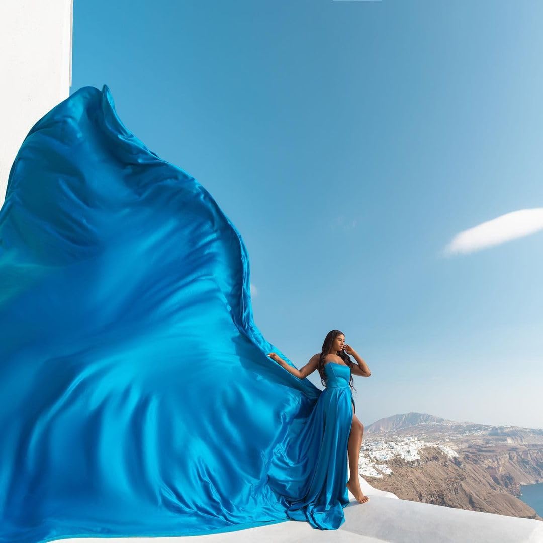 Elegant Long Satin Corset Dress with Train - Flowy Maxi Flying Dress for Women | Perfect for Photoshoots, Baby Showers & Santorini Vacations | Formal Evening Gown & Special Occasion Wear