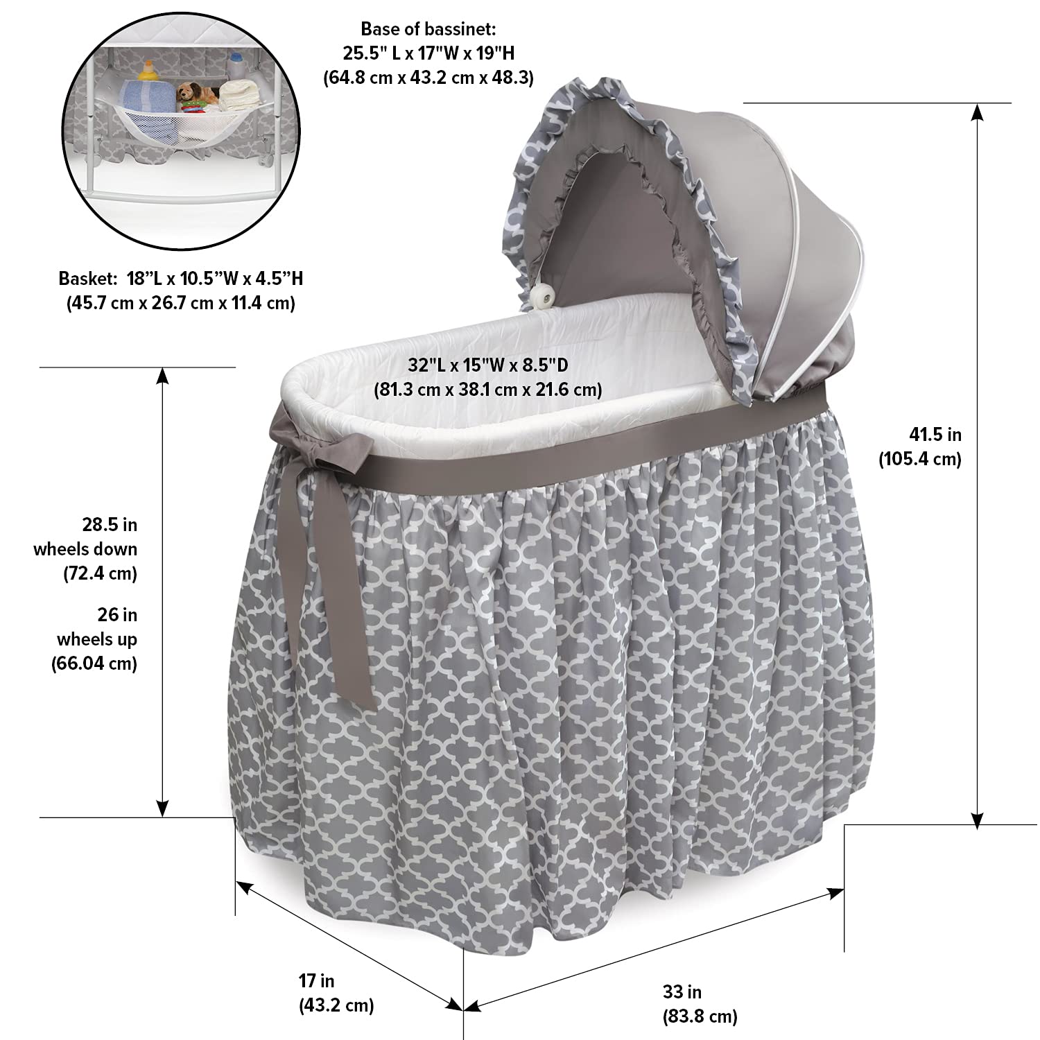 Badger Basket Wishes Rocking Baby Bassinet & Bedside Sleeper with Bedding Set, Mattress Pad & Storage Basket - Gray/Lantern for Nursery, Bedroom & Travel