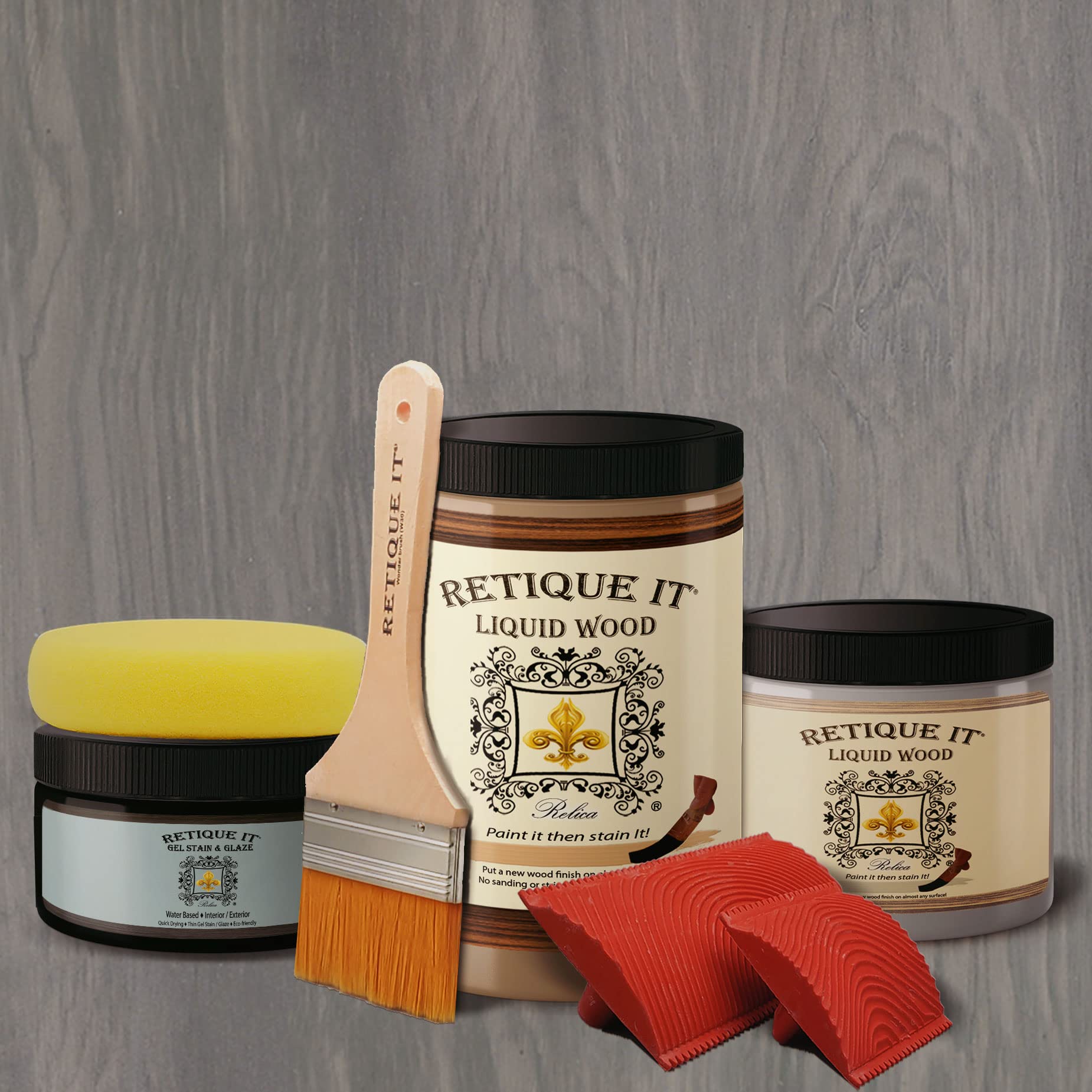 Retique It Gel Stain Liquid Wood Kit - Paintable Wood Stain for Furniture, Cabinets & DIY Projects (2X Double 100 sq ft, Weathered Finish, 50 Weathered Wood) - Perfect with Chalk Paint, Milk Paint & Home Decor Renovation