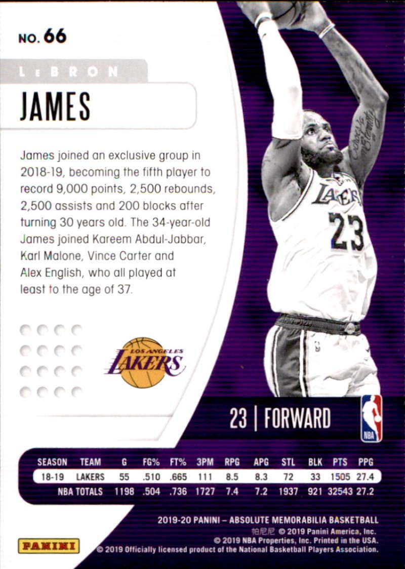 2019-20 Panini Absolute Retail #66 LeBron James Los Angeles Lakers Basketball Trading Card - Perfect for NBA Collectors, Sports Memorabilia & Fan Gifts