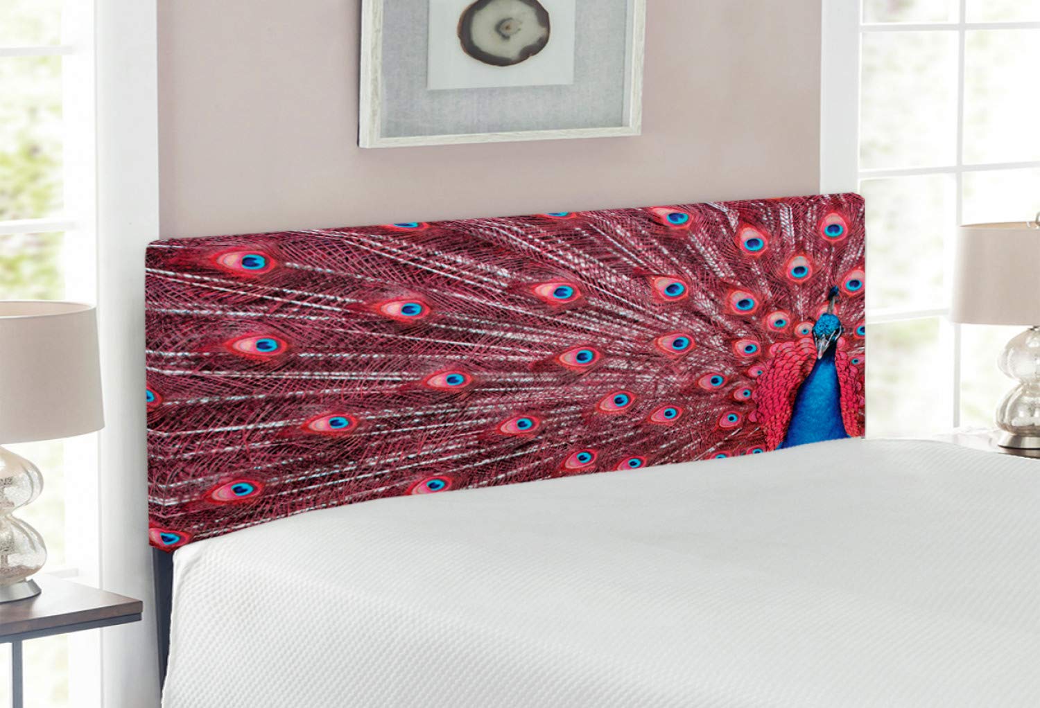 Ambesonne Peacock Headboard - Majestic Surreal Wildlife Themed Upholstered Metal Bed Headboard with Memory Foam, Full Size, Burgundy Blue - Perfect for Bedroom Decor & Wildlife Theme Bedroom Ideas