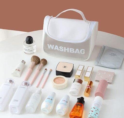 Waterproof Clear Travel Toiletries Bag - PVC Cosmetic Makeup Organizer Pouch for Women | Portable Bathroom Essentials Case for Business Trips, Vacations & Gym (White)
