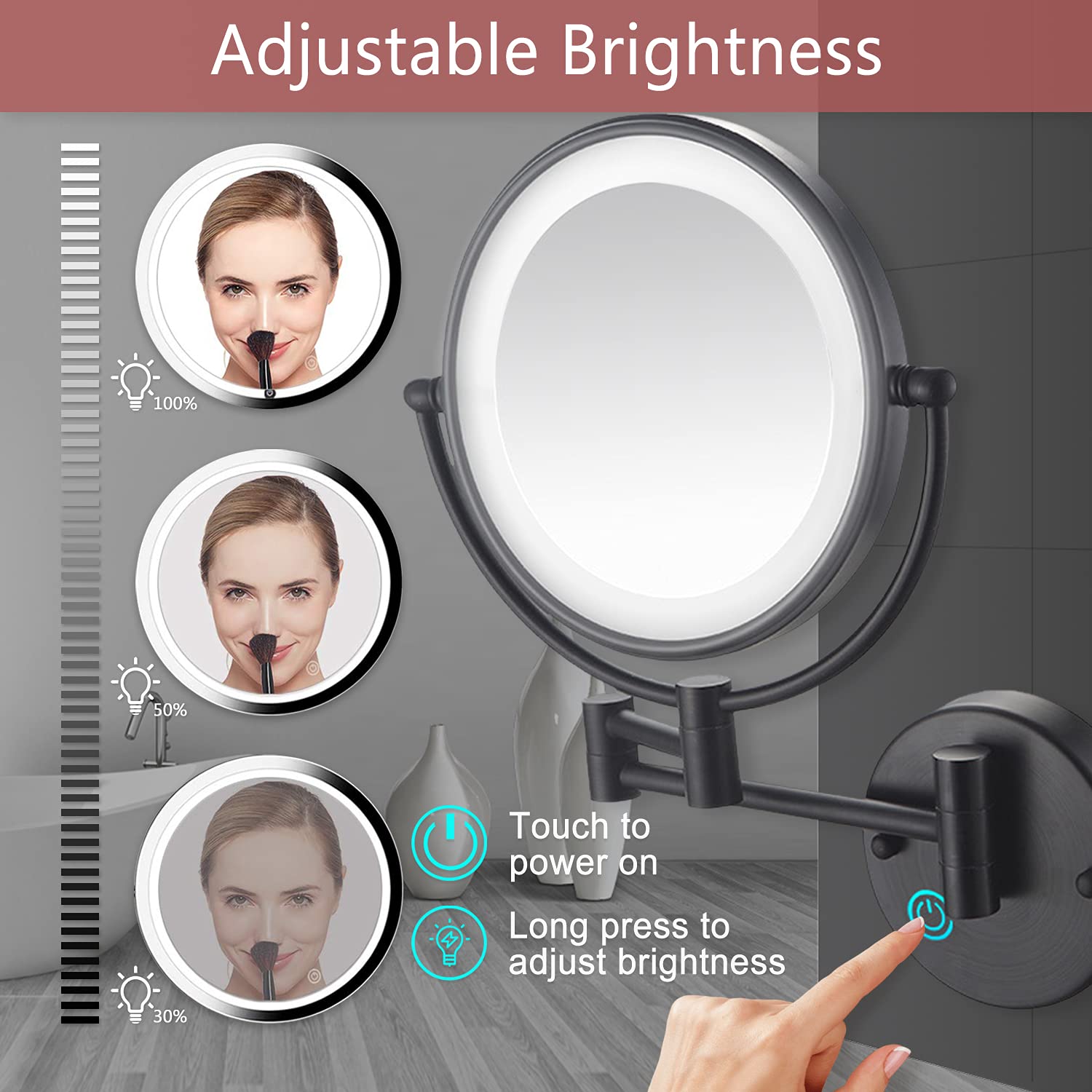 10X Magnification Wall Mounted Makeup Mirror - 8 Inch Double Sided Vanity Mirror with LED Lights, USB Rechargeable, Matte Black - Perfect for Makeup Application, Skincare Routine & Grooming - Ideal Gift for Women & Girls