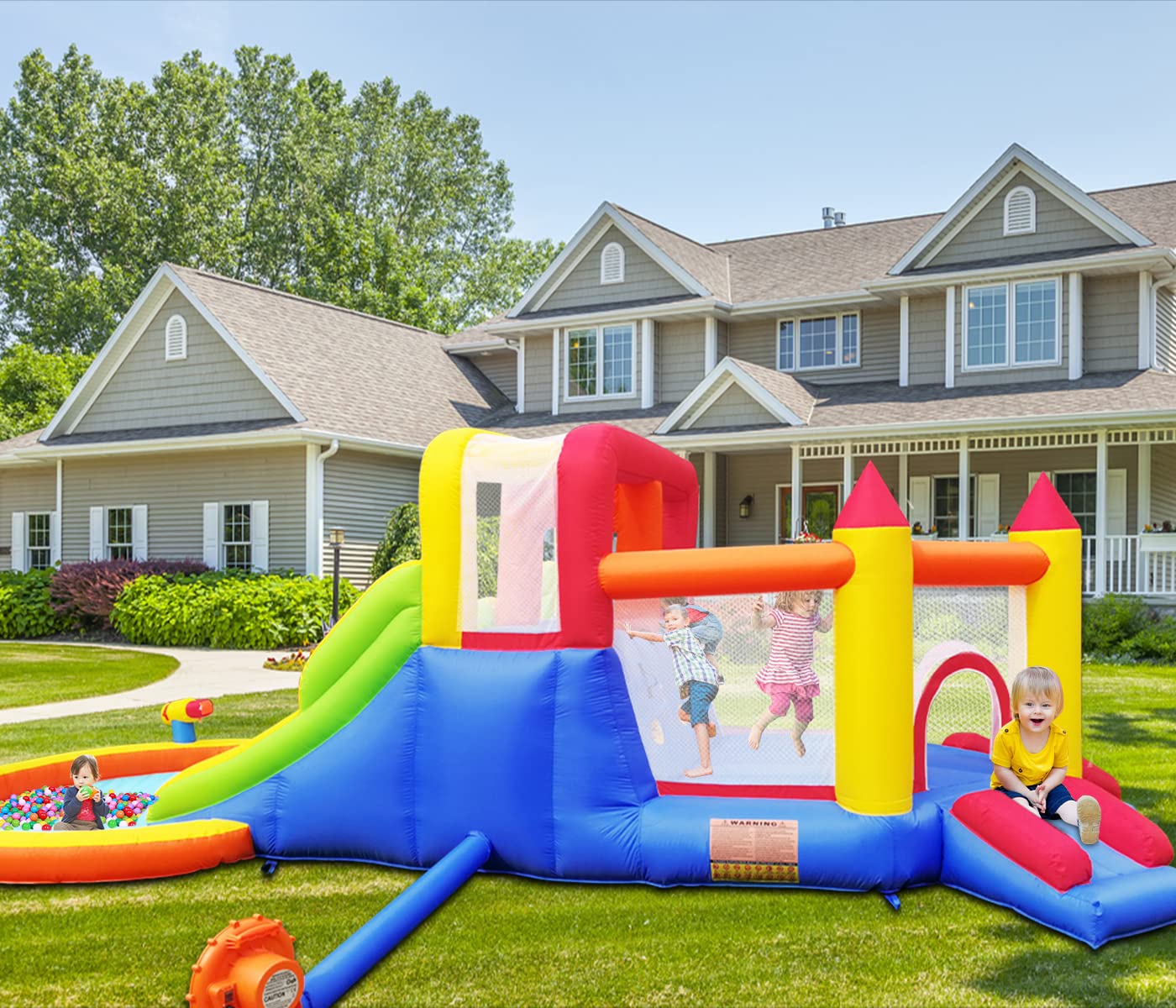 Inflatable Bounce House with 4 Slides & Large Splash Pool - Kids Water Park with Ultra-Wide Climbing Wall, Jumping Area, Water Cannons & Surprise Sprayers for Ages 3-10 (20.6'L x 9.6'W x 6.4'H) - Perfect for Backyard Birthday Parties, Summer Fun & Outdoor Family Activities