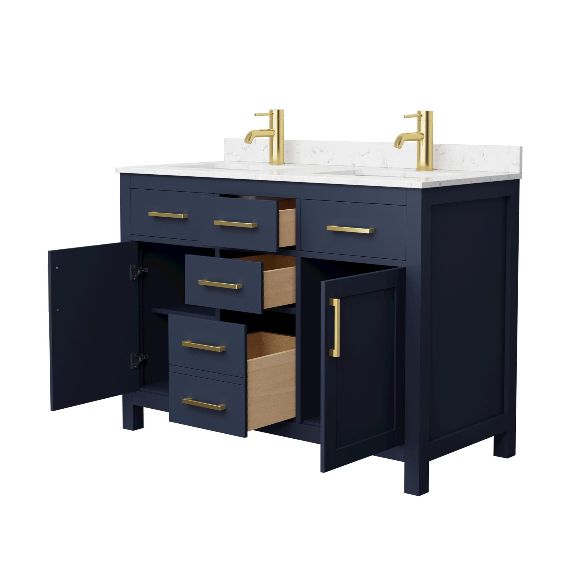 Beckett 48 Inch Double Bathroom Vanity with Carrara Marble Countertop - Dark Blue Finish, Undermount Square Sinks & Brushed Gold Trim | Modern Bathroom Furniture for Master Bath, Guest Bath & Powder Room