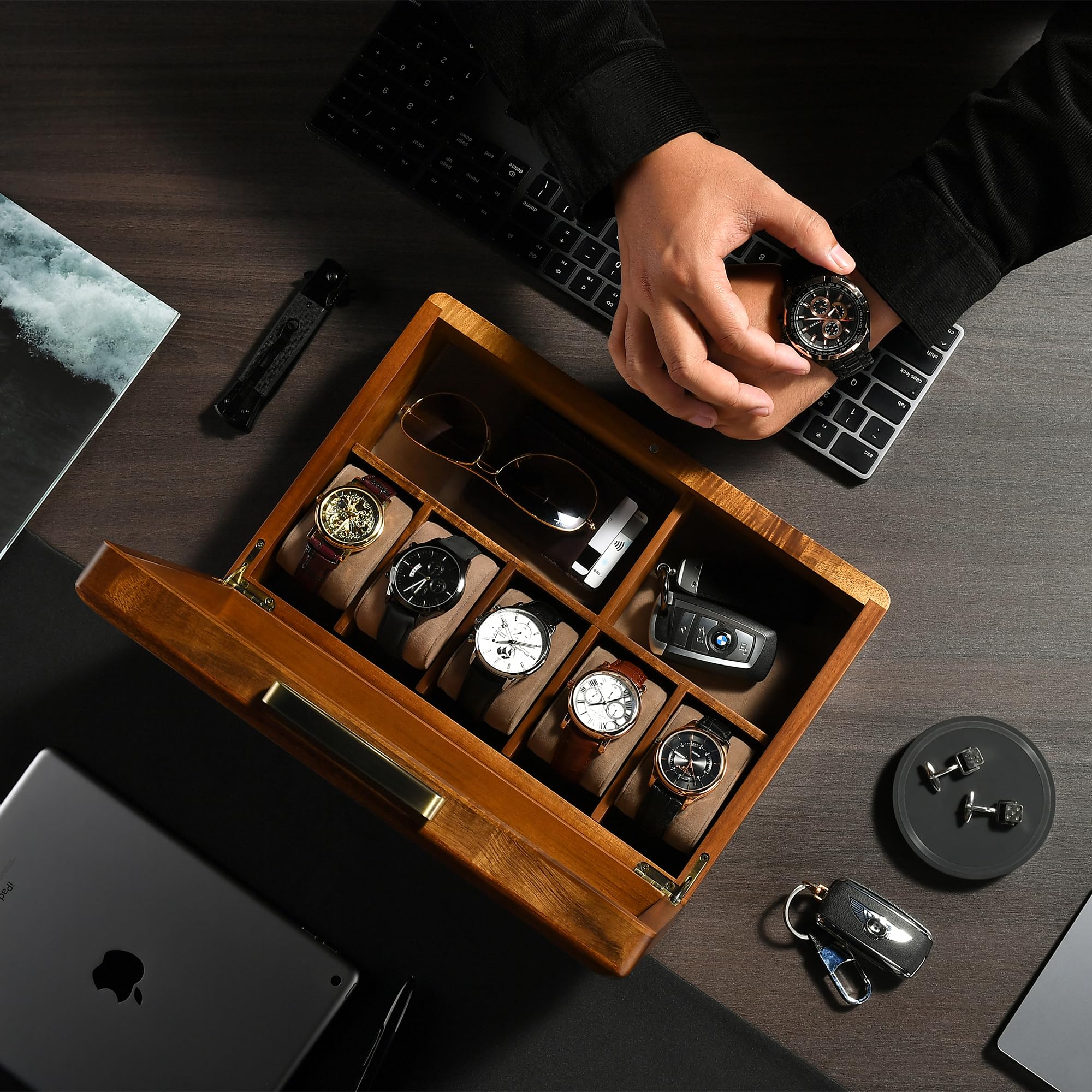 Shanik Large Wooden Watch Box for Men - 5 Slot Personalized Watch Storage Organizer with Engraving - Luxury Watch Case for Collection & Display - Perfect Gift for Watch Enthusiasts & Professionals