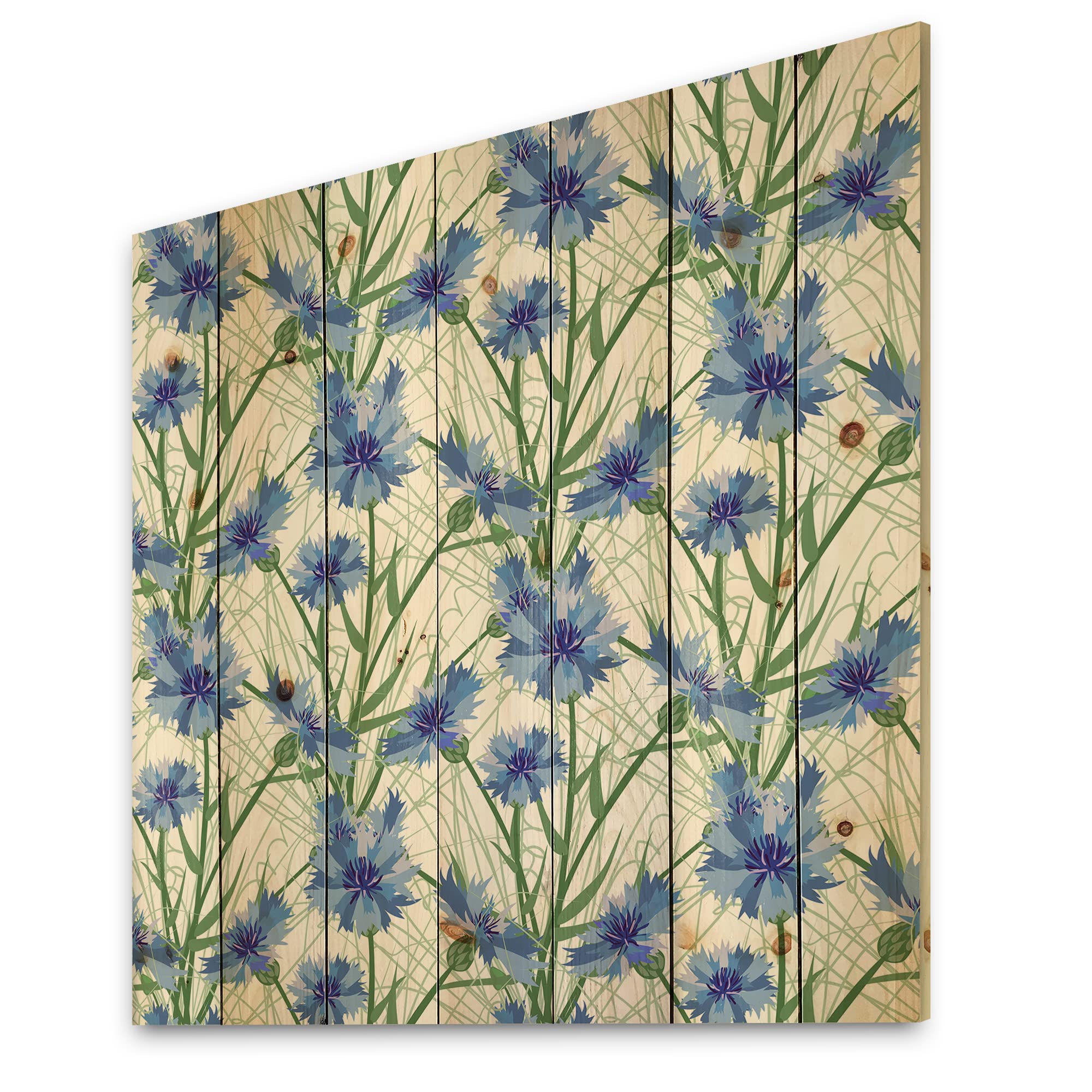Blue Cornflowers with Green Leaves Traditional Wood Wall Decor - Handmade Floral Wood Art Panel on Natural Pine - Perfect for Living Room, Bedroom & Farmhouse Decor