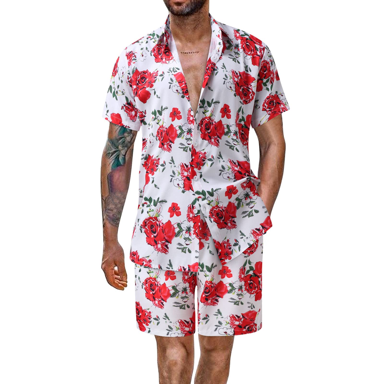 AMTF 2022 Men's Summer Short Sleeve Cardigan & Floral Print Shorts Set - Gym Workout Outfits, Casual Two-Piece Lounge Wear for Men & Boys
