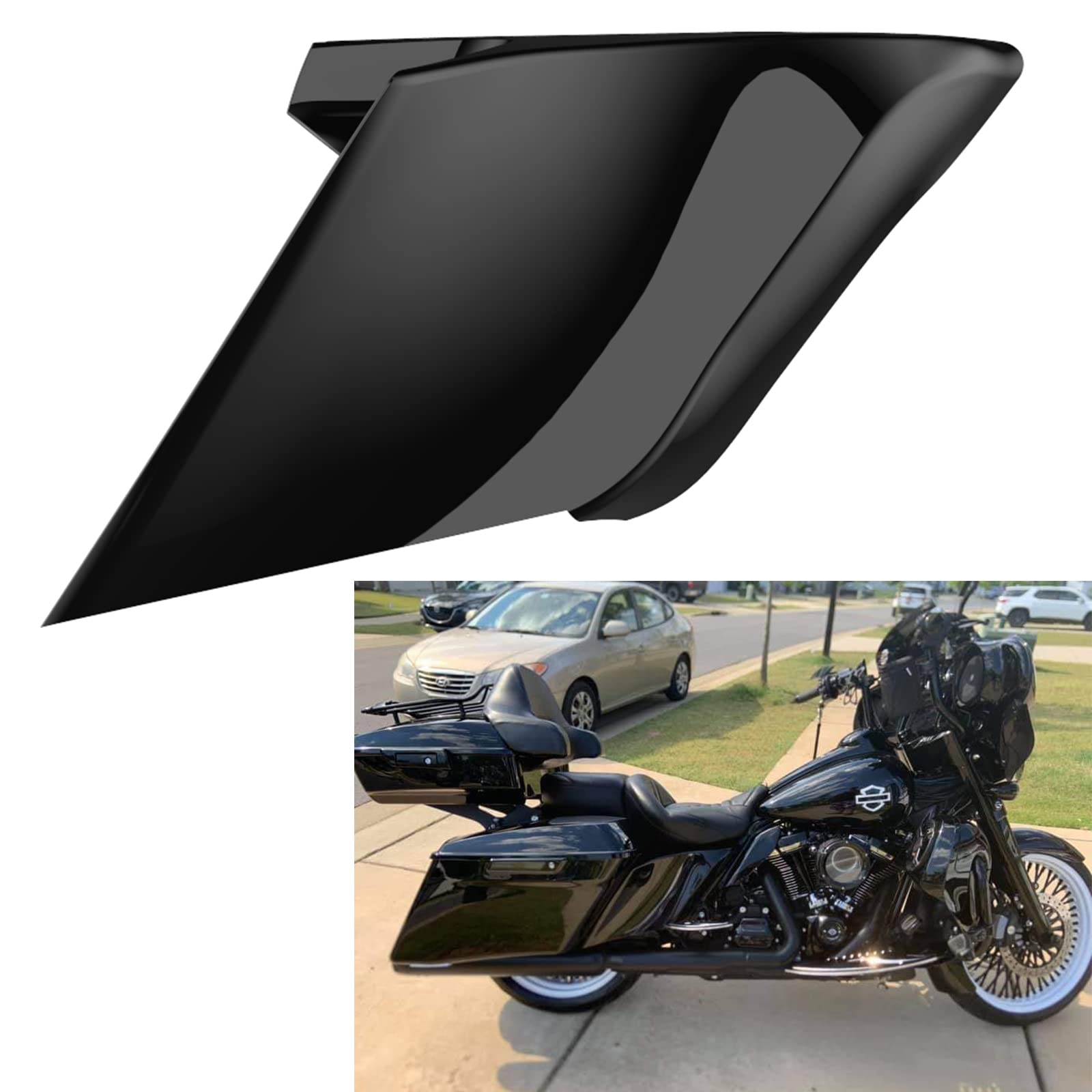 Vivid Black Extended Side Covers Stretched Panels for 2014+ Harley Touring FLH - OEM Tapered Bags Replacement - Perfect for Custom Motorcycle Upgrades and Long-Distance Riding