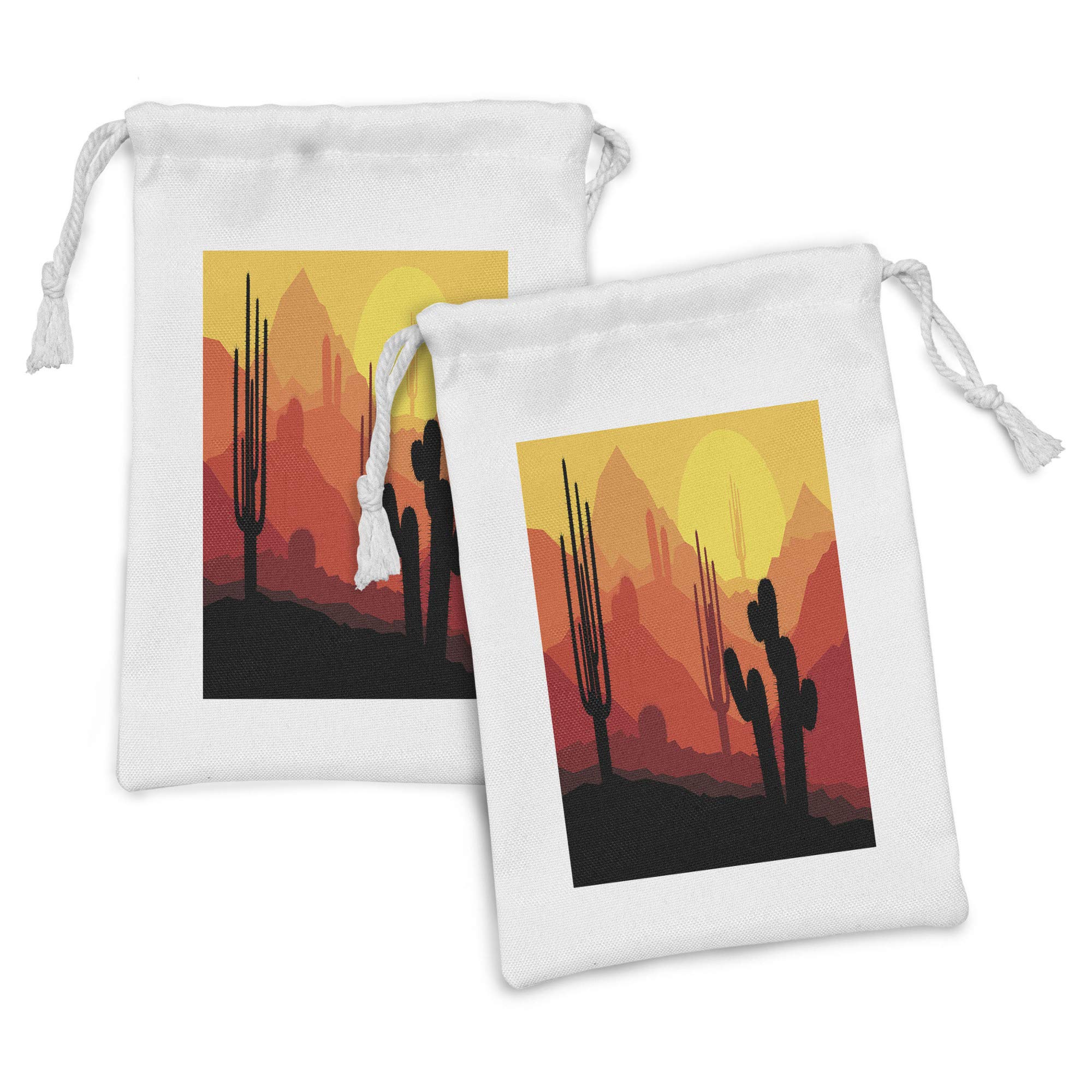 Ambesonne Arizona Fabric Pouch Set of 2 - Sunset Mountain Horizon with Saguaro Cactus Silhouette Drawstring Bags (9