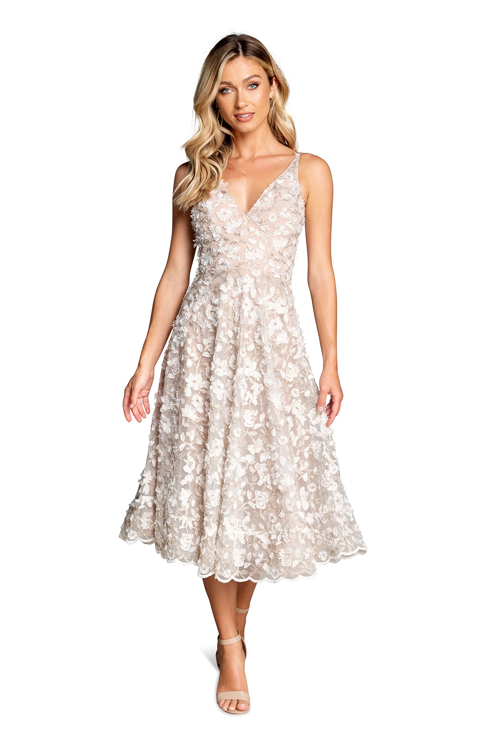 Dress the Population Women's Elisa Sleeveless Plunge Neckline Fit & Flare Midi Dress - Elegant Cocktail Party & Wedding Guest Outfit