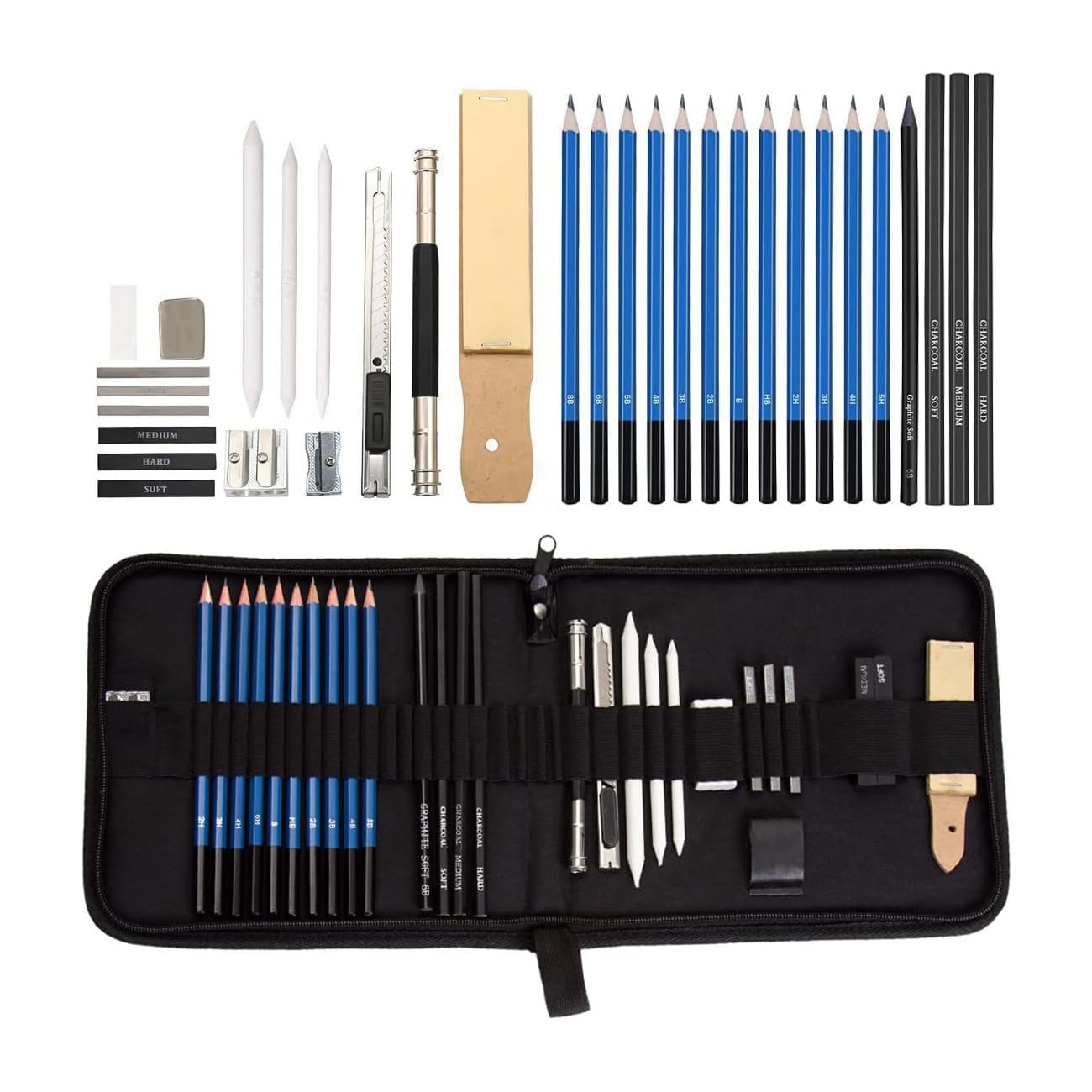33-Piece Professional Sketching Kit with Graphite Pencils, Charcoal, Blending Stumps, Erasers & Sharpeners - Complete Drawing Set for Artists, Beginners & Students - Perfect for Sketching, Shading, Doodling & Art Classes