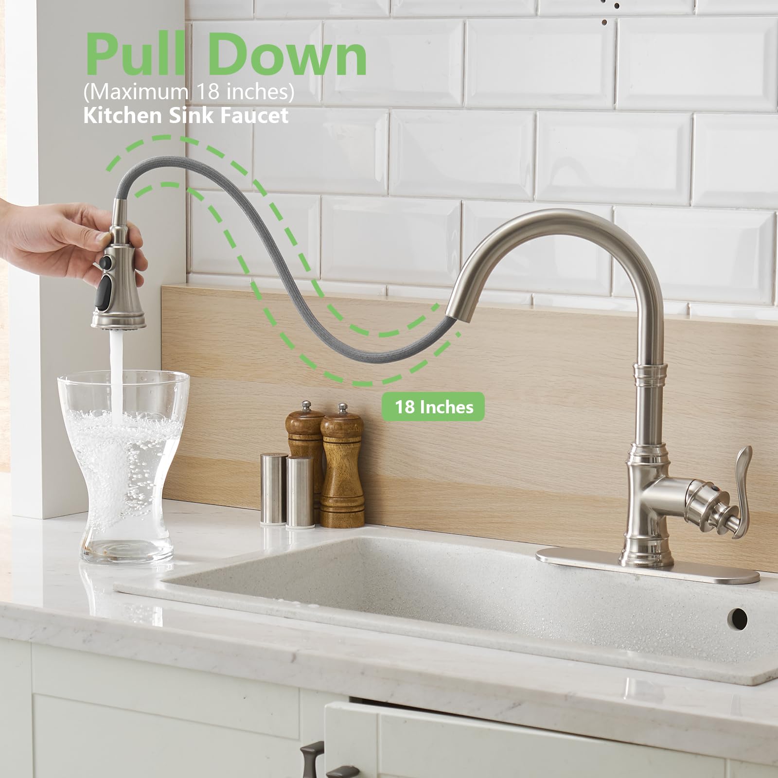 **Brushed Nickel Pull Down Kitchen Sink Faucet with 3 Spray Modes, 10-Inch Deck Plate - Commercial & RV Use for Farmhouse, Restaurant, and Home Kitchens**