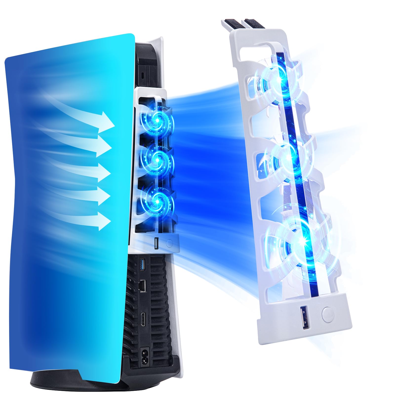 Upgraded PS5 Cooling Fan with LED Light & USB Port - Ultra Quiet Cooling System for Sony PS5 Digital/Disc Edition - White (Compatible with PS5 Only) - Perfect for Gaming, Streaming & Long Play Sessions