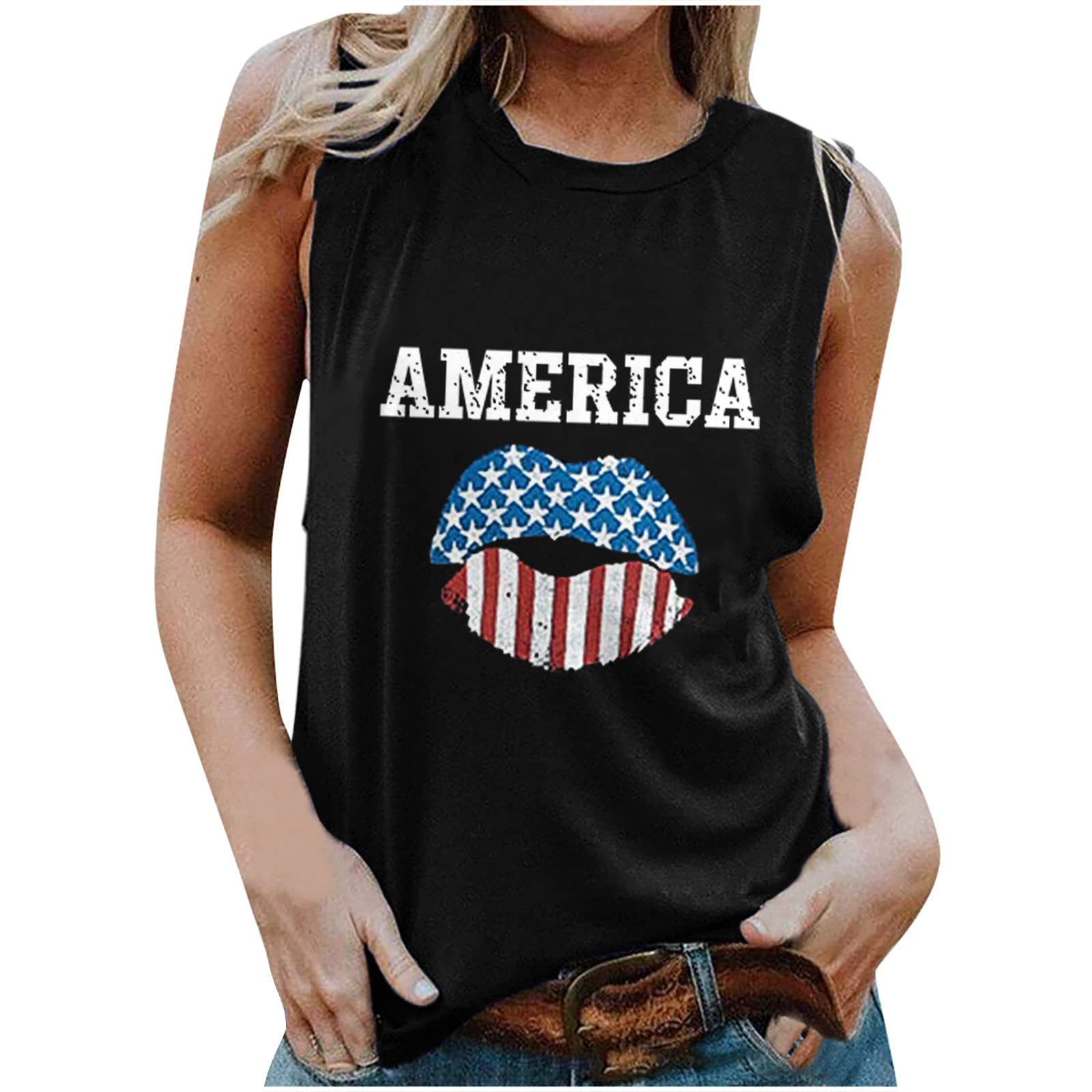 Women's Crew Neck Tank Tops - USA Flag Print Patriotic Shirts with Stars & Stripes Design | Summer Casual Wear for 4th of July, Beach Outings & American Pride Events