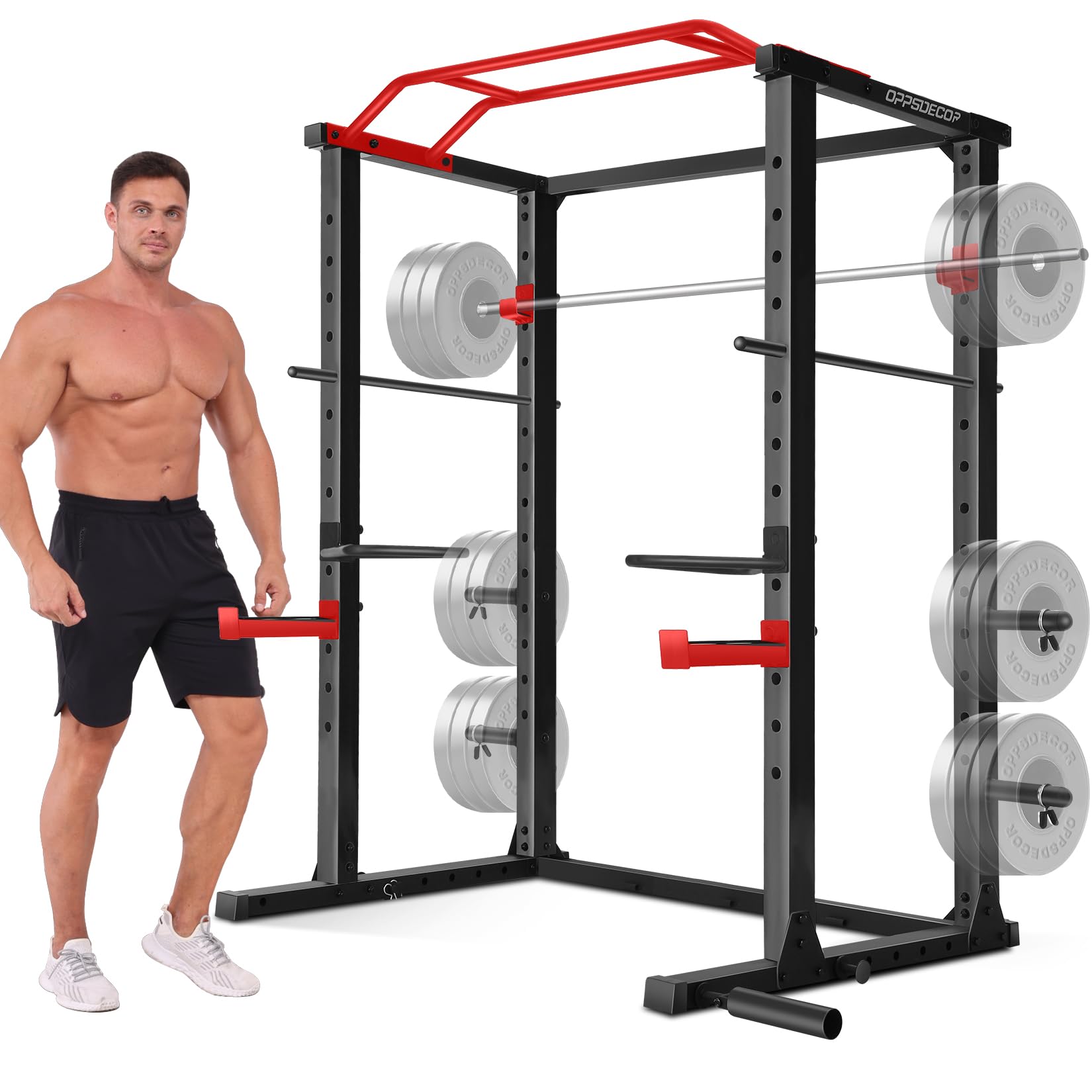 OPPSDECOR Heavy Duty Power Cage - 1200lbs Capacity Power Rack with Pull-Up Bar & Dip Handles | Multi-Functional Squat Rack for Home Gym | Includes J-Hooks & Training Attachments | Perfect for Strength Training, Weightlifting & CrossFit Workouts