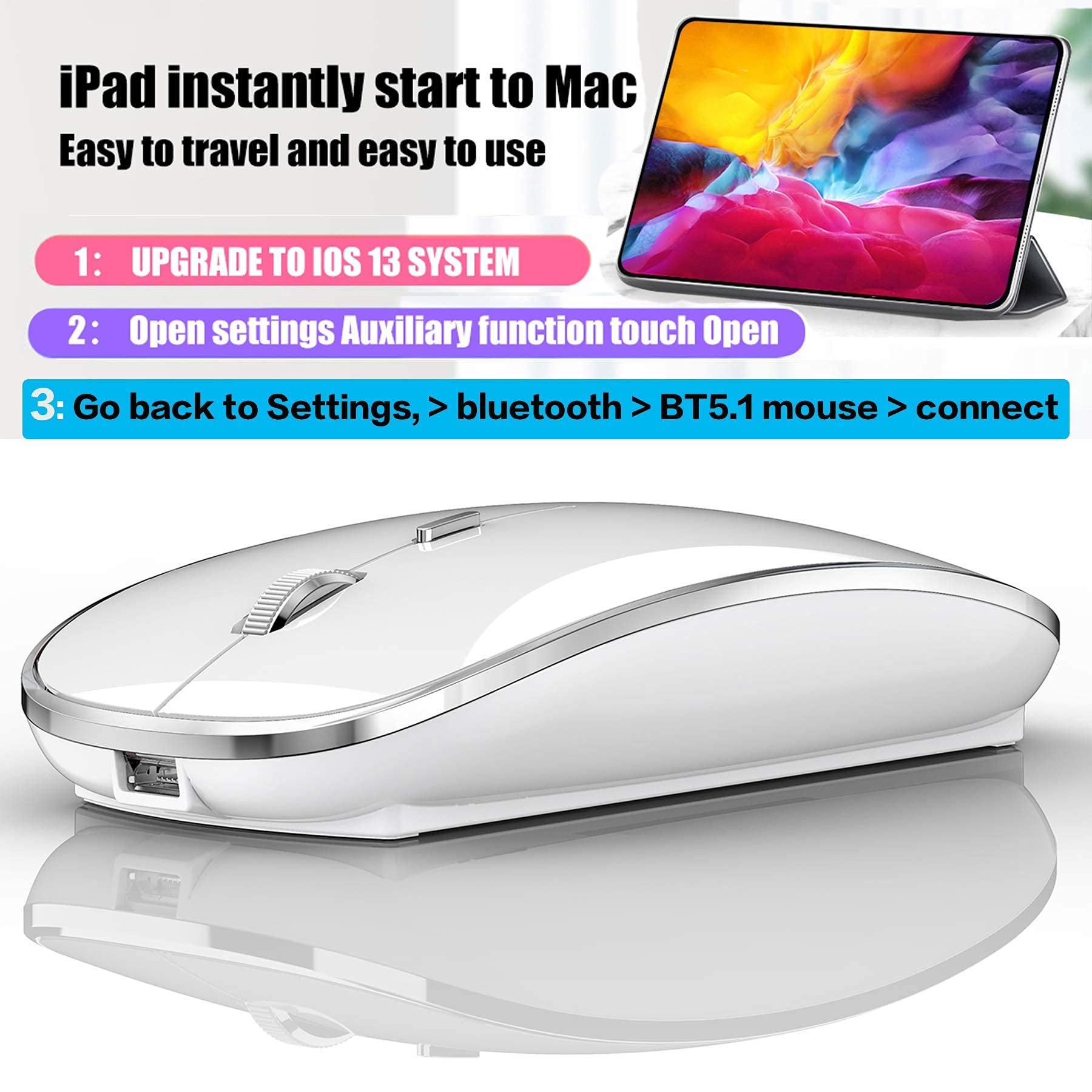 Wireless Bluetooth Mouse for iPad Pro, iPad Air, MacBook Pro, MacBook Air, Chromebook - Compatible with Windows 10/11, HP, Dell PCs - Perfect for Office Work, Online Classes & Remote Working