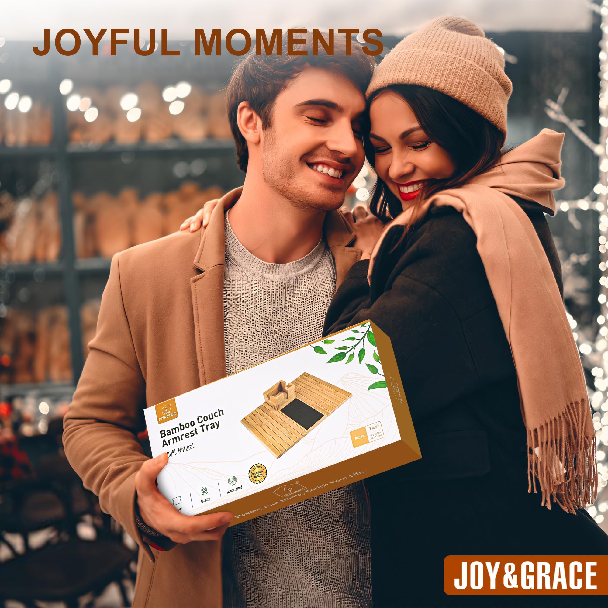Joy&Grace Bamboo Sofa Armrest Tray with Large Mug Holder - Foldable Anti-Slip Couch Cup Holder & Arm Table for Eating, Drinking, Holding Phone - Perfect for Living Room, Bedroom, Office (Natural Color)