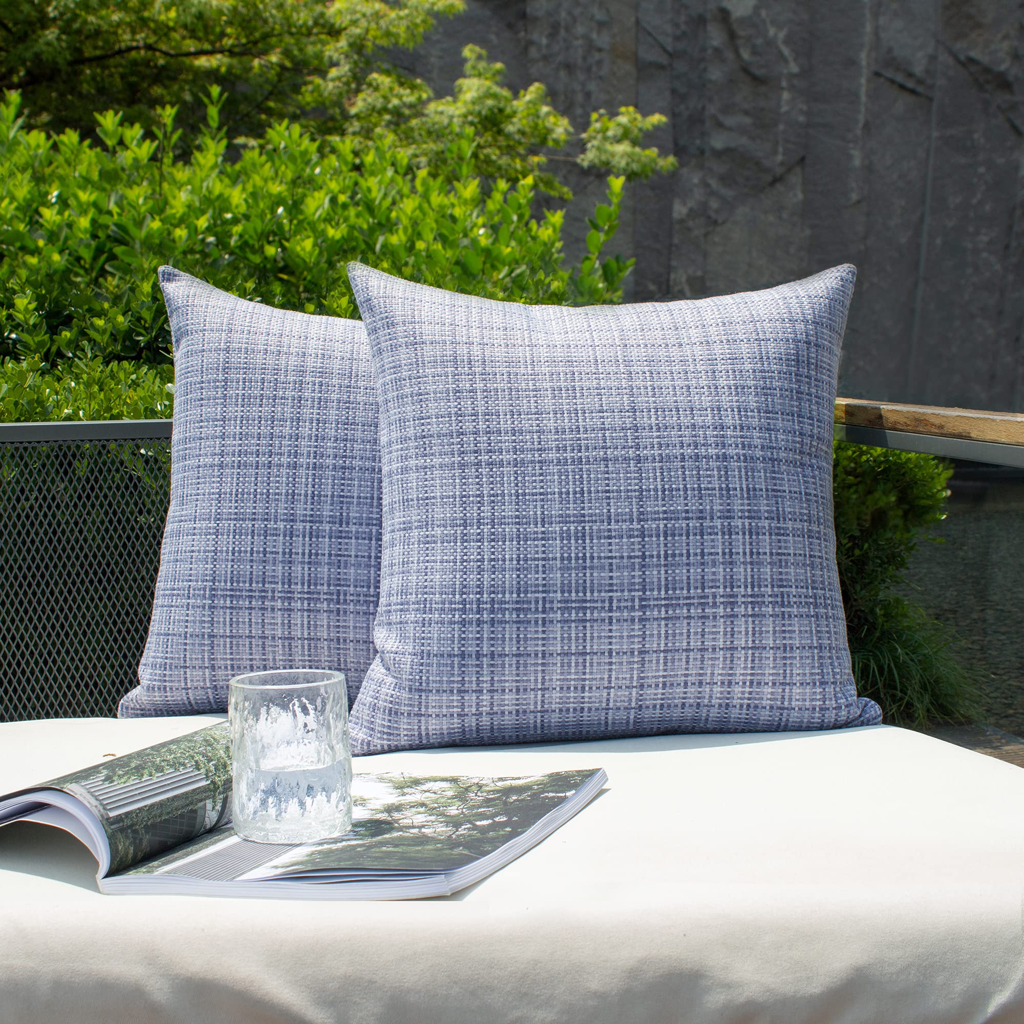 Kevin Textile 2-Pack Waterproof Outdoor Decorative Pillow Covers - 20x20 Inch Stripe Square Cushion Cases for Patio, Couch & Bench - Purple & Blue Modern Design - Weatherproof & UV Resistant for Garden, Poolside & Porch Use