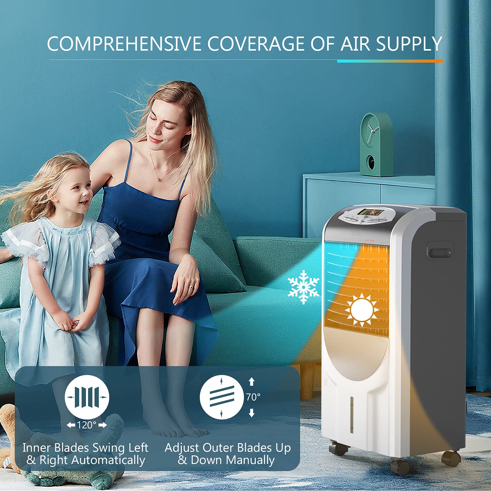 GOFLAME Portable Air Cooler & Heater with Ice Crystal Box - 3-Speed Evaporative Cooling Fan, Humidifier & Remote Control for Home, Office, Dorm | Compact & Energy Efficient for Summer Cooling & Winter Heating