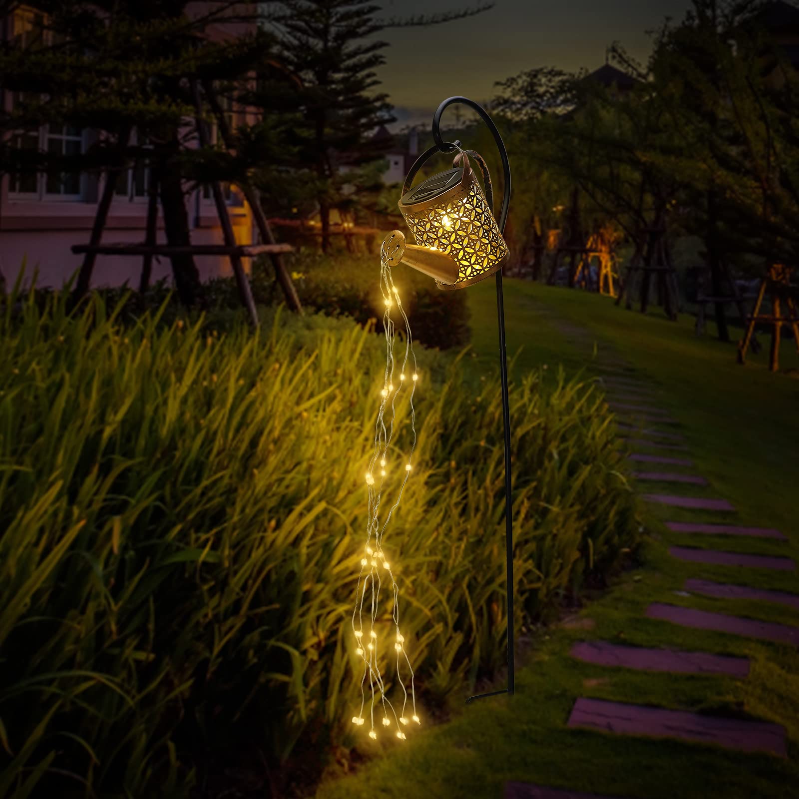 Solar Watering Can Lights Outdoor - Hanging Iron Hollow Lantern with Shepherd Hooks, LED Solar Waterfall Garden Stake Light for Yard & Patio Decor | Perfect for Garden Pathways, Flower Beds & Outdoor Parties