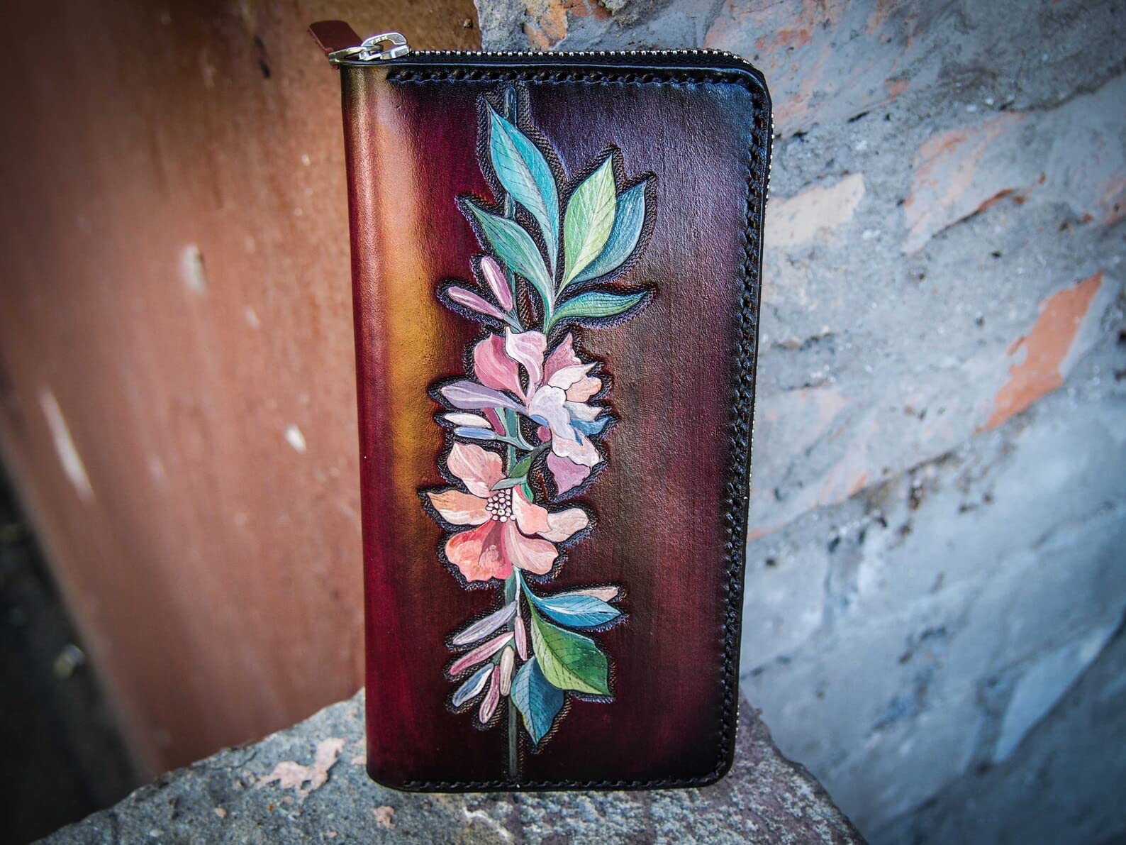 Men's 3D Genuine Leather Wallet - Floral Carved Zip Biker Clutch Wallet with Airbrush Art | Handmade Custom Personalized Tooled Leather Wallet for Everyday Use, Travel & Gift Giving