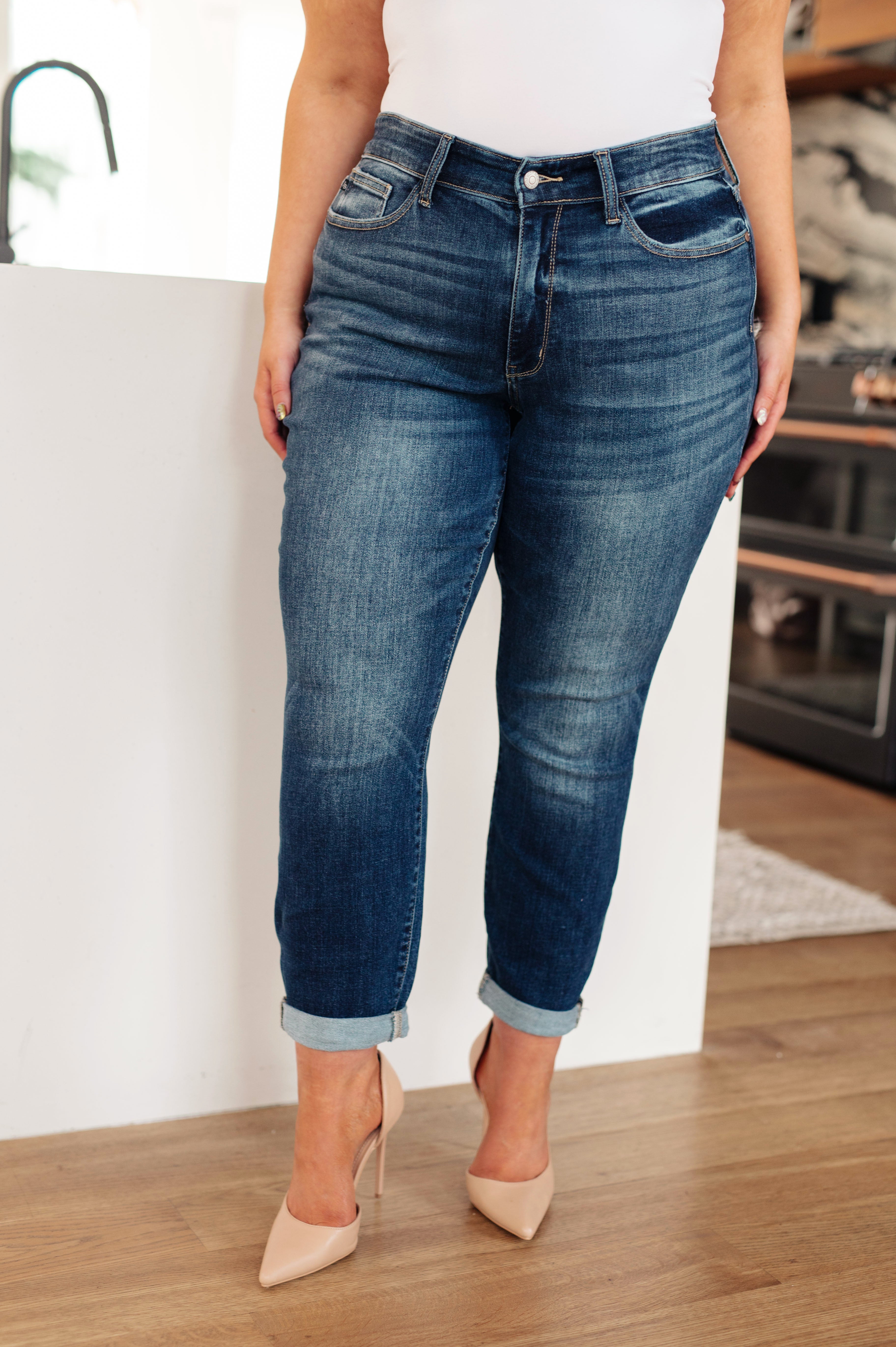 London Midrise Cuffed Boyfriend Jeans for Women - High Waist Relaxed Fit Denim Pants for Casual Outfits & Everyday Wear